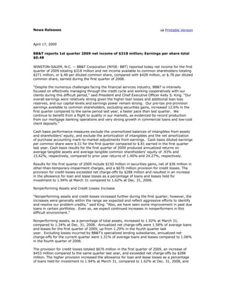 News Releases                                                                       Printable Version



April 17, 2009

BB&T reports 1st quarter 2009 net income of $318 million; Earnings per share total
$0.48

WINSTON-SALEM, N.C. -- BB&T Corporation (NYSE: BBT) reported today net income for the first
quarter of 2009 totaling $318 million and net income available to common shareholders totaling
$271 million, or $.48 per diluted common share, compared with $428 million, or $.78 per diluted
common share, earned during the first quarter of 2008.

“Despite the numerous challenges facing the financial services industry, BB&T is intensely
focused on effectively managing through the credit cycle and working cooperatively with our
clients during this difficult period,” said President and Chief Executive Officer Kelly S. King. “Our
overall earnings were relatively strong given the higher loan losses and additional loan loss
reserves, and our capital levels and earnings power remain strong. Our pre-tax pre-provision
earnings available to common shareholders, excluding securities gains, increased 12.6% in the
first quarter compared to the same period last year, a faster pace than last quarter. We
continue to benefit from a flight to quality in our markets, as evidenced by record production
from our mortgage banking operations and very strong growth in commercial loans and low-cost
client deposits.”

Cash basis performance measures exclude the unamortized balances of intangibles from assets
and shareholders’ equity, and exclude the amortization of intangibles and the net amortization
of purchase accounting mark-to-market adjustments from earnings. Cash basis diluted earnings
per common share were $.51 for the first quarter compared to $.81 earned in the first quarter
last year. Cash basis results for the first quarter of 2009 produced annualized returns on
average tangible assets and average tangible common shareholders’ equity of .93% and
15.62%, respectively, compared to prior year returns of 1.40% and 24.27%, respectively.

Results for the first quarter of 2009 include $150 million in securities gains, net of $36 million in
other-than-temporary-impairment charges, and a $676 million provision for credit losses. The
provision for credit losses exceeded net charge-offs by $288 million and resulted in an increase
in the allowance for loan and lease losses as a percentage of loans and leases held for
investment to 1.94% at March 31 compared to 1.62% at Dec. 31, 2008.

Nonperforming Assets and Credit Losses Increase

“Nonperforming assets and credit losses increased further during the first quarter; however, the
increases were generally within the range we expected and reflect aggressive efforts to identify
and resolve our problem credits,” said King. “Also, we have seen some improvement in past due
loans in certain portfolios. Even so, we expect continued increases in nonperformers in this
difficult environment.”

Nonperforming assets, as a percentage of total assets, increased to 1.92% at March 31,
compared to 1.34% at Dec. 31, 2008. Annualized net charge-offs were 1.58% of average loans
and leases for the first quarter of 2009, up from 1.29% in the fourth quarter last
year. Excluding losses incurred by BB&T’s specialized lending subsidiaries, annualized net
charge-offs for the current quarter were 1.31% of average loans and leases compared to 1.06%
in the fourth quarter of 2008.

The provision for credit losses totaled $676 million in the first quarter of 2009, an increase of
$453 million compared to the same quarter last year, and exceeded net charge-offs by $288
million. The higher provision increased the allowance for loan and lease losses as a percentage
of loans held for investment to 1.94% at March 31, compared to 1.62% at Dec. 31, 2008, and
 