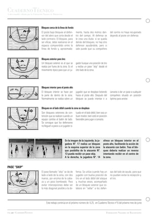 CuadernoTécnico
Coleccionable editado por la Federación Navarra de Baloncesto




                                     Bloqueo cerca de la línea de fondo:
                                     El poste bajo bloquea al defen-       mente, hasta dos metros den-          del centro no haya recuperado
                                     sor del alero que corta desde el      tro del campo. Al defensa se          dejando al poste sin defensa.
                                     lado contrario. El bloqueo, para      le crea una duda: si se queda
                                     ser eficaz, debe realizarse en el     detrás del bloqueo, no hay otro
                                     espacio comprendido entre la          defensor ayudándole, pero si
                                     línea de fondo y, aproximada-         sale puede que su compañero


                                     Bloqueo esterior para tiro:
                                     Un bloqueo exterior es el que se      gador busque una posición de tiro
                                     realiza por fuera de la zona. Es el   y reciba un pase “skip” desde el
                                     movimiento típico para que un ju-     otro lado de la zona.




                                     Bloqueo interior para el poste alto
                                     El bloqueo interior se hace por       jugador que se desplaza botando       canasta o dar un pase a cualquier
                                     la parte de dentro de la zona.        hacia el poste alto. Después del      compañero situado en posición
                                     Normalmente se realiza sobre un       bloqueo se puede intentar ir a        óptima para anotar.


                                     Bloqueo en el lado débil cuando la zona se desplaza
                                     Son bloqueos exteriores de con-       tuado en el lado débil, bien sea un
                                     tención que se realizan cuando un     buen tirador, bien esté en posición
                                     equipo cambia al balón de lado.       favorable para jugar a canasta.
                                     Se consigue que los defensores
                                     no lleguen a parar a un jugador si-




                                                                En la imagen de la izquierda, la ju-     ofrece un bloqueo interior en el
                                                                gadora Nº. 17 realiza un bloqueo         poste alto, facilitando la acción de
                                                                en la esquina superior de la zona        la atacante con balón. Tras el blo-
                                                                que posibilita de la atacante Nº.        queo debería realizar un reverso
                                                                13 pueda recibir un pase skip.           intentando recibir en el centro de
                                                                A la derecha, la jugadora Nº. 14         la zona.


PASE “SKIP”
                                     El pase llamado “skip” se da de       fensa. Se utiliza cuando hay un       sas del lado de ayuda, para que
                                     lado a lado de la zona, con dos       jugador con buena posición de         no puedan evitar la recepción y
                                     manos, por encima de la cabe-         tiro en el lado débil del ataque      el tiro.
                                     za y un poco bombeado. Para           y, muchas veces, acompañado
                                     evitar intercepciones debe ser        de un bloqueo exterior que co-
                                     lo más diagonal posible a la de-      labora en “sellar” a los defen-




                                          Este trabajo continúa en el próximo número de 6,25, en Cuaderno Técnico nº 6 del próximo mes de junio


pag.20 CuadernoTécnico                                                                                       Federación Navarra de Baloncesto
 