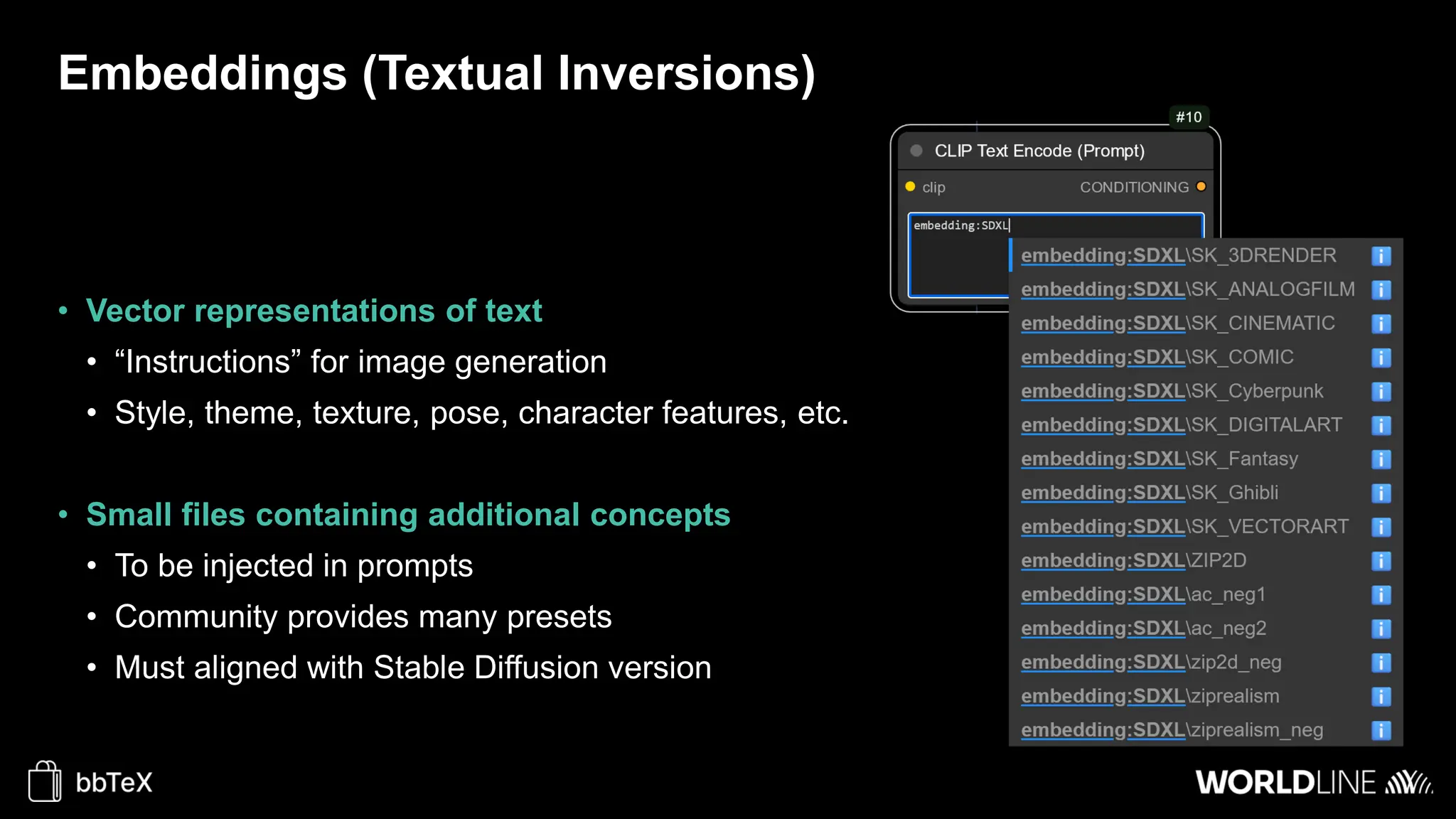 Embeddings (Textual Inversions)
• Vector representations of text
• “Instructions” for image generation
• Style, theme, texture, pose, character features, etc.
• Small files containing additional concepts
• To be injected in prompts
• Community provides many presets
• Must aligned with Stable Diffusion version
 
