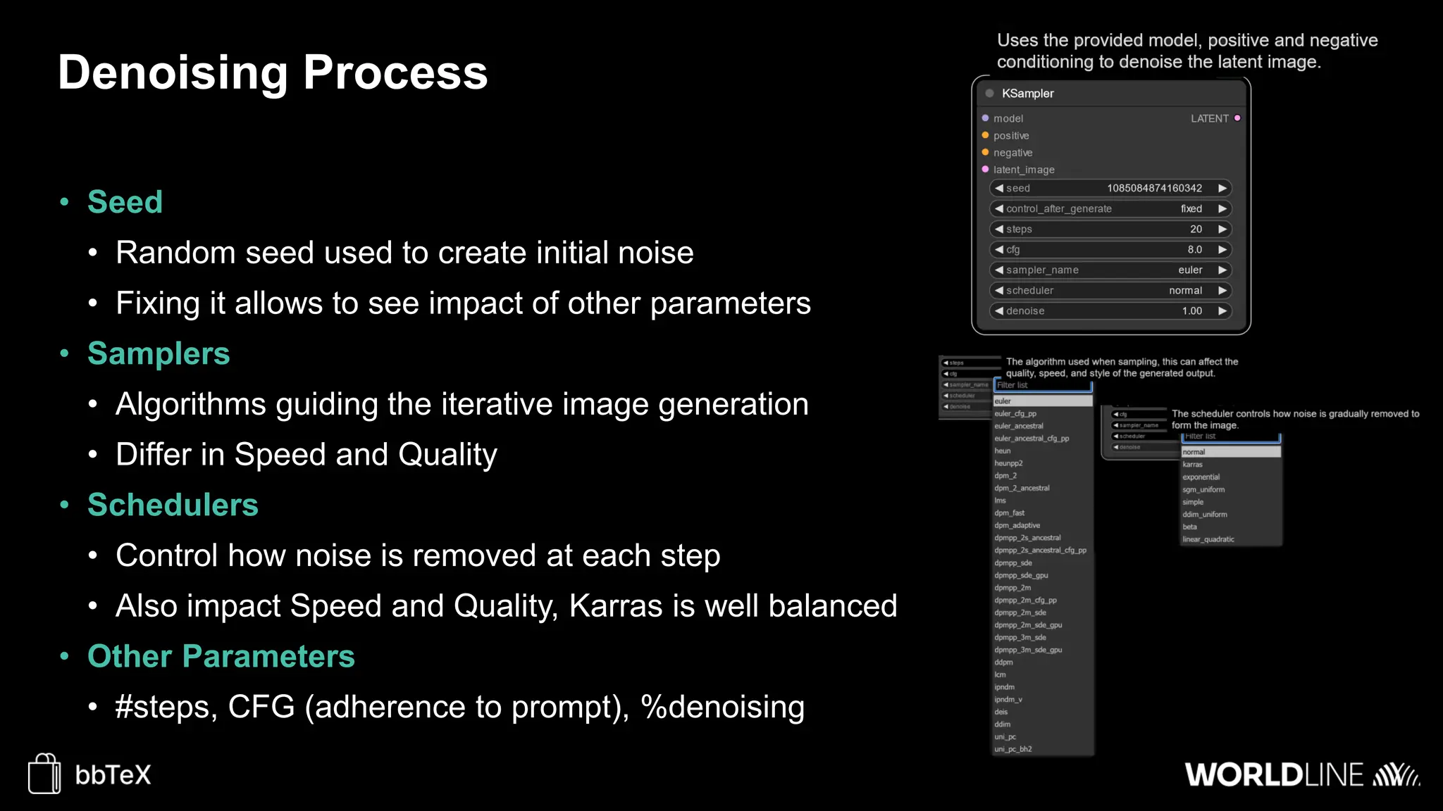 Denoising Process
• Seed
• Random seed used to create initial noise
• Fixing it allows to see impact of other parameters
• Samplers
• Algorithms guiding the iterative image generation
• Differ in Speed and Quality
• Schedulers
• Control how noise is removed at each step
• Also impact Speed and Quality, Karras is well balanced
• Other Parameters
• #steps, CFG (adherence to prompt), %denoising
 