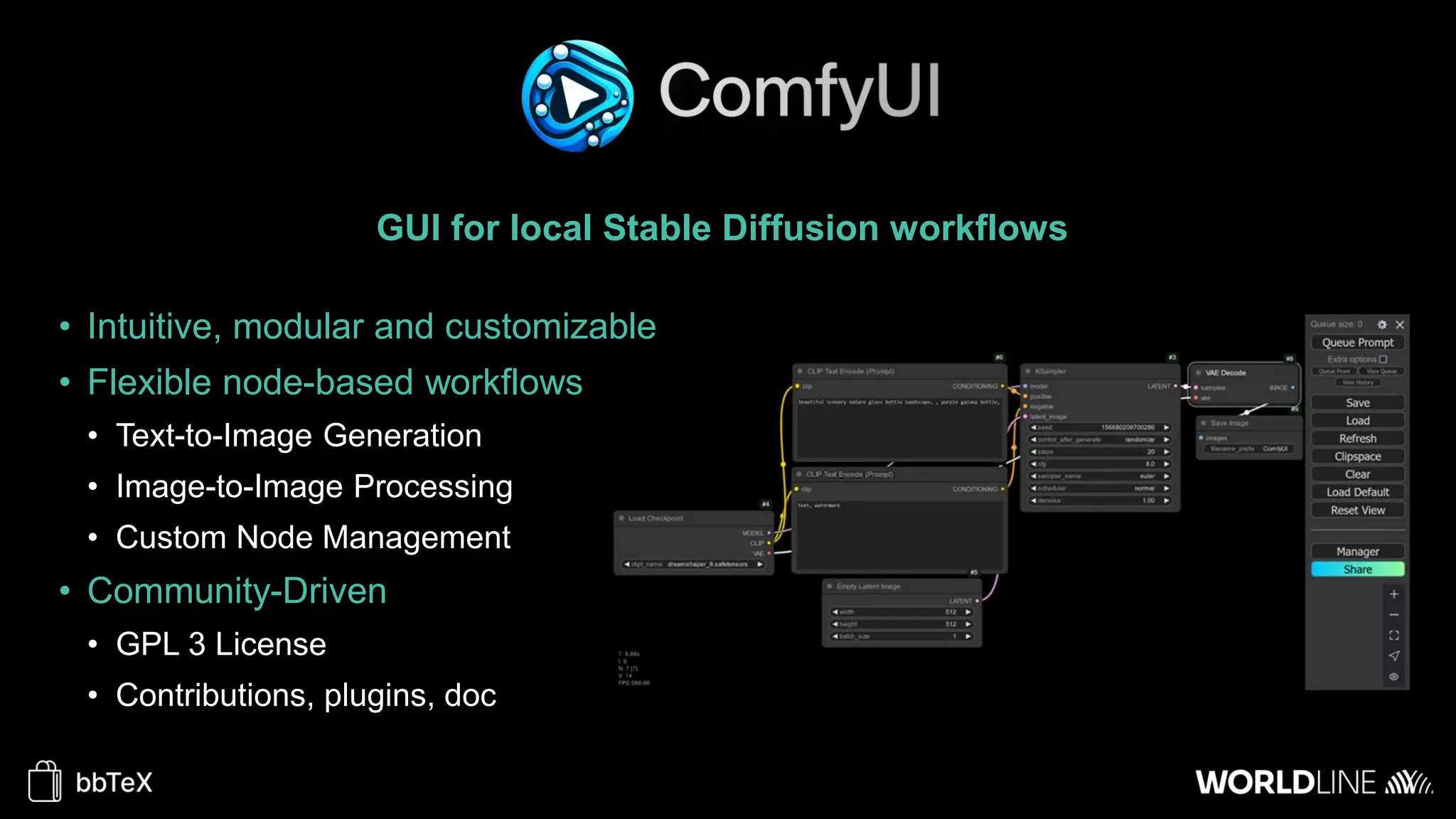 GUI for local Stable Diffusion workflows
• Intuitive, modular and customizable
• Flexible node-based workflows
• Text-to-Image Generation
• Image-to-Image Processing
• Custom Node Management
• Community-Driven
• GPL 3 License
• Contributions, plugins, doc
 