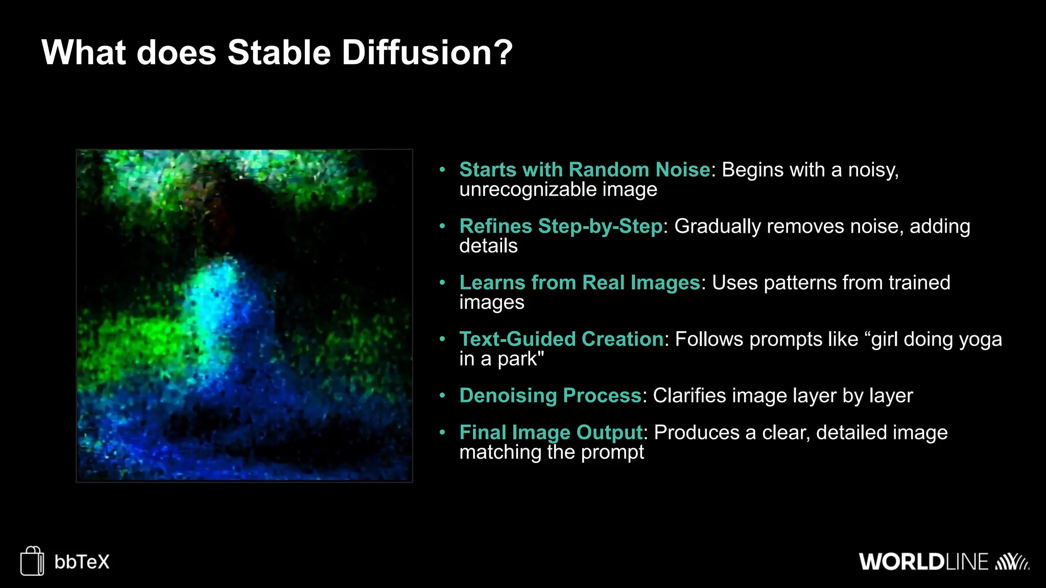 What does Stable Diffusion?
• Starts with Random Noise: Begins with a noisy,
unrecognizable image
• Refines Step-by-Step: Gradually removes noise, adding
details
• Learns from Real Images: Uses patterns from trained
images
• Text-Guided Creation: Follows prompts like “girl doing yoga
in a park"
• Denoising Process: Clarifies image layer by layer
• Final Image Output: Produces a clear, detailed image
matching the prompt
 