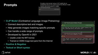 Prompts
• CLIP Model (Contrastive Language–Image Pretraining)
• Connect descriptive text and images
• Help generate images matching specific prompts
• Can handle a wide range of prompts
• Developed by OpenAI in 2021
• Usable under the MIT license
• Trained on 400M image-text pairs from the Internet
• Positive & Negative
• Textual or Short syntax
 
