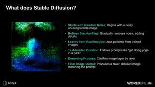 What does Stable Diffusion?
• Starts with Random Noise: Begins with a noisy,
unrecognizable image
• Refines Step-by-Step: Gradually removes noise, adding
details
• Learns from Real Images: Uses patterns from trained
images
• Text-Guided Creation: Follows prompts like “girl doing yoga
in a park"
• Denoising Process: Clarifies image layer by layer
• Final Image Output: Produces a clear, detailed image
matching the prompt
 