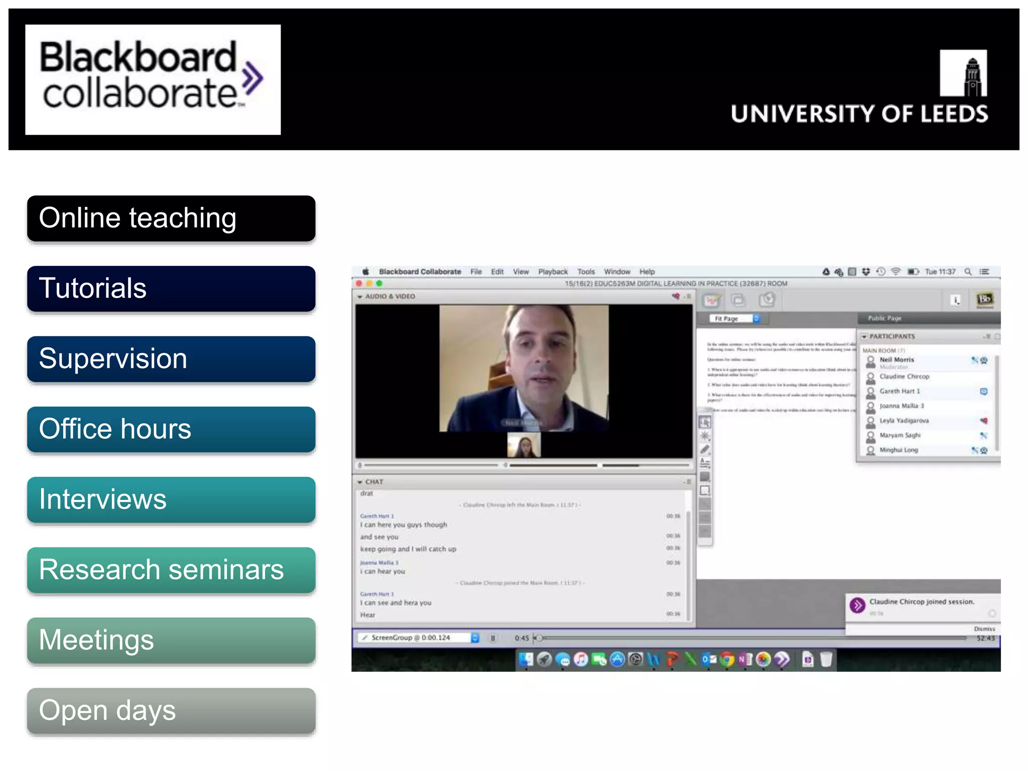 Online teaching
Tutorials
Supervision
Office hours
Interviews
Research seminars
Meetings
Open days
 