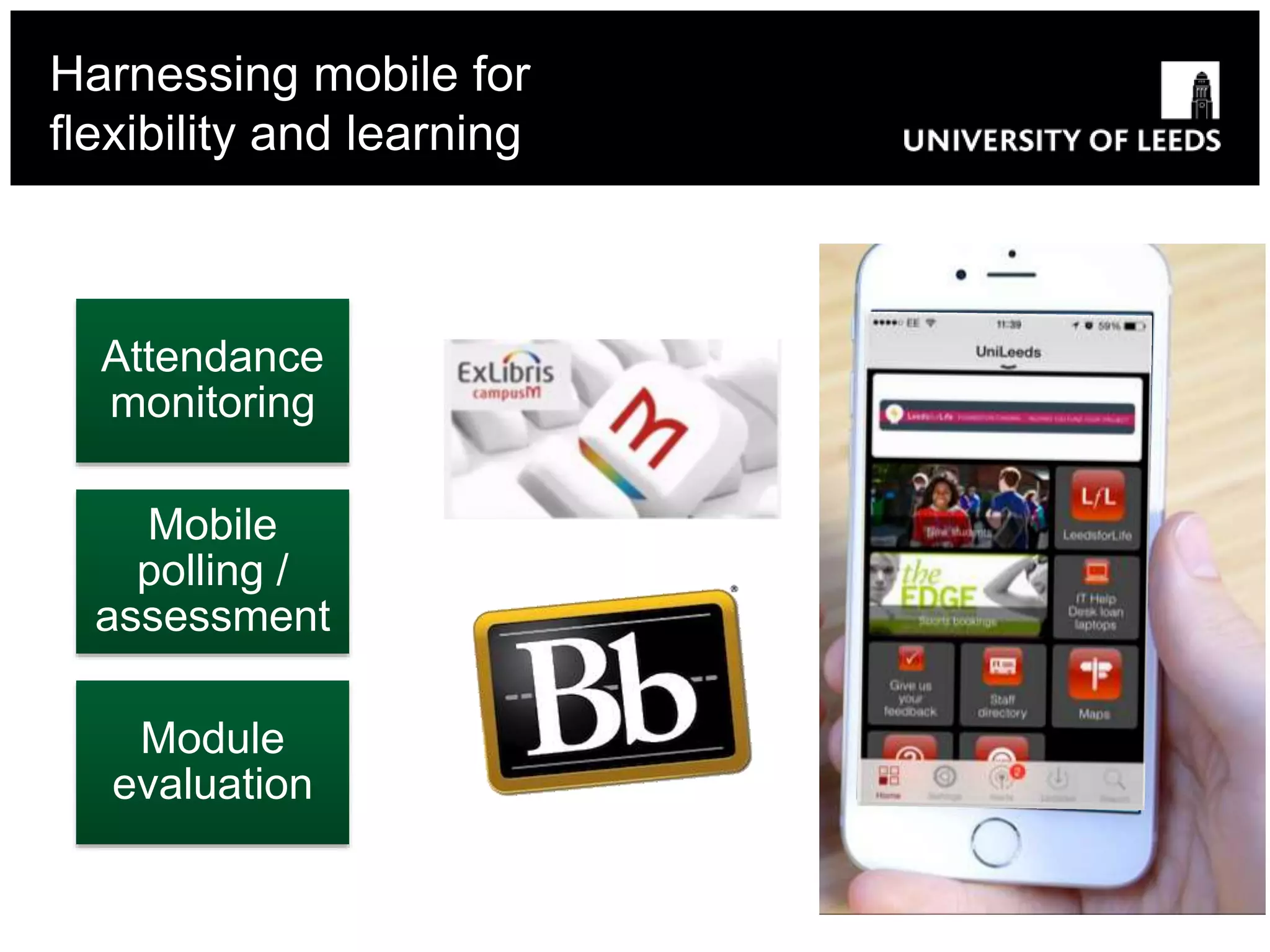 Harnessing mobile for
flexibility and learning
Attendance
monitoring
Mobile
polling /
assessment
Module
evaluation
 