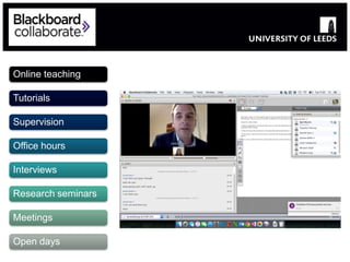 Online teaching
Tutorials
Supervision
Office hours
Interviews
Research seminars
Meetings
Open days
 