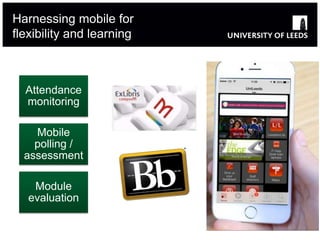 Harnessing mobile for
flexibility and learning
Attendance
monitoring
Mobile
polling /
assessment
Module
evaluation
 