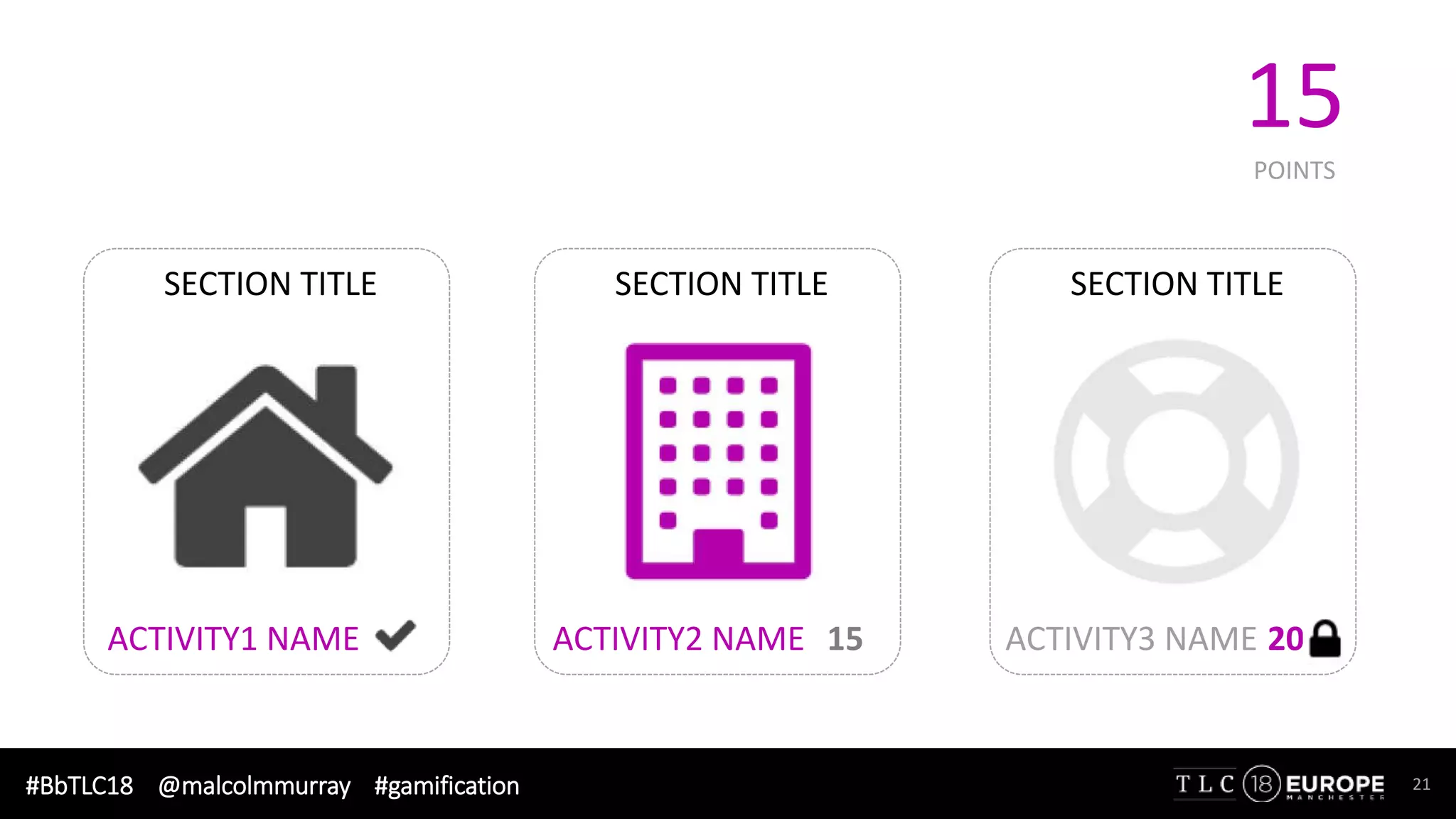 #BbTLC18 @malcolmmurray #gamification 21
SECTION TITLE
ACTIVITY1 NAME
SECTION TITLE
ACTIVITY2 NAME 15
SECTION TITLE
ACTIVITY3 NAME
15
POINTS
20
 