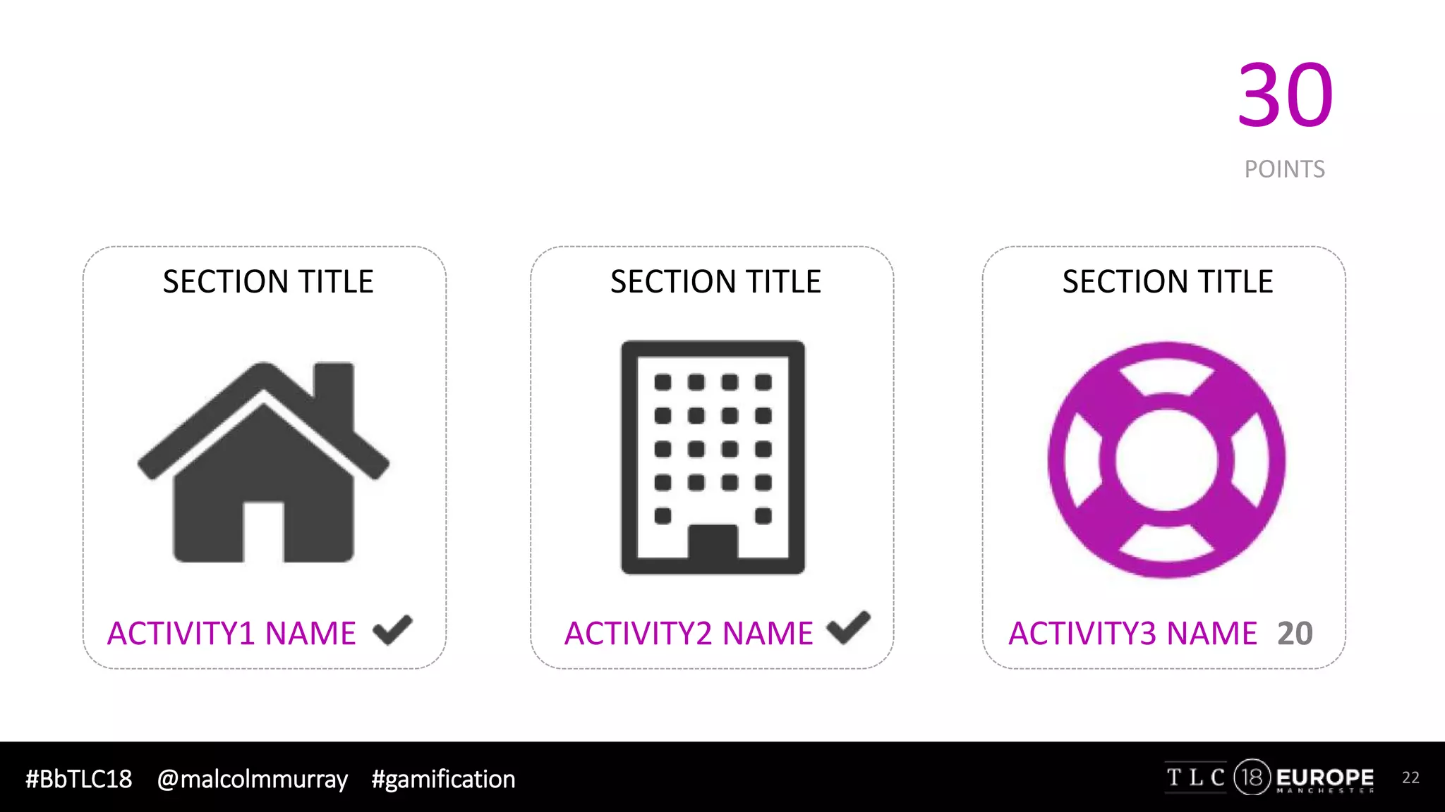 #BbTLC18 @malcolmmurray #gamification 22
SECTION TITLE
ACTIVITY1 NAME
SECTION TITLE
ACTIVITY2 NAME
SECTION TITLE
ACTIVITY3 NAME 20
30
POINTS
 