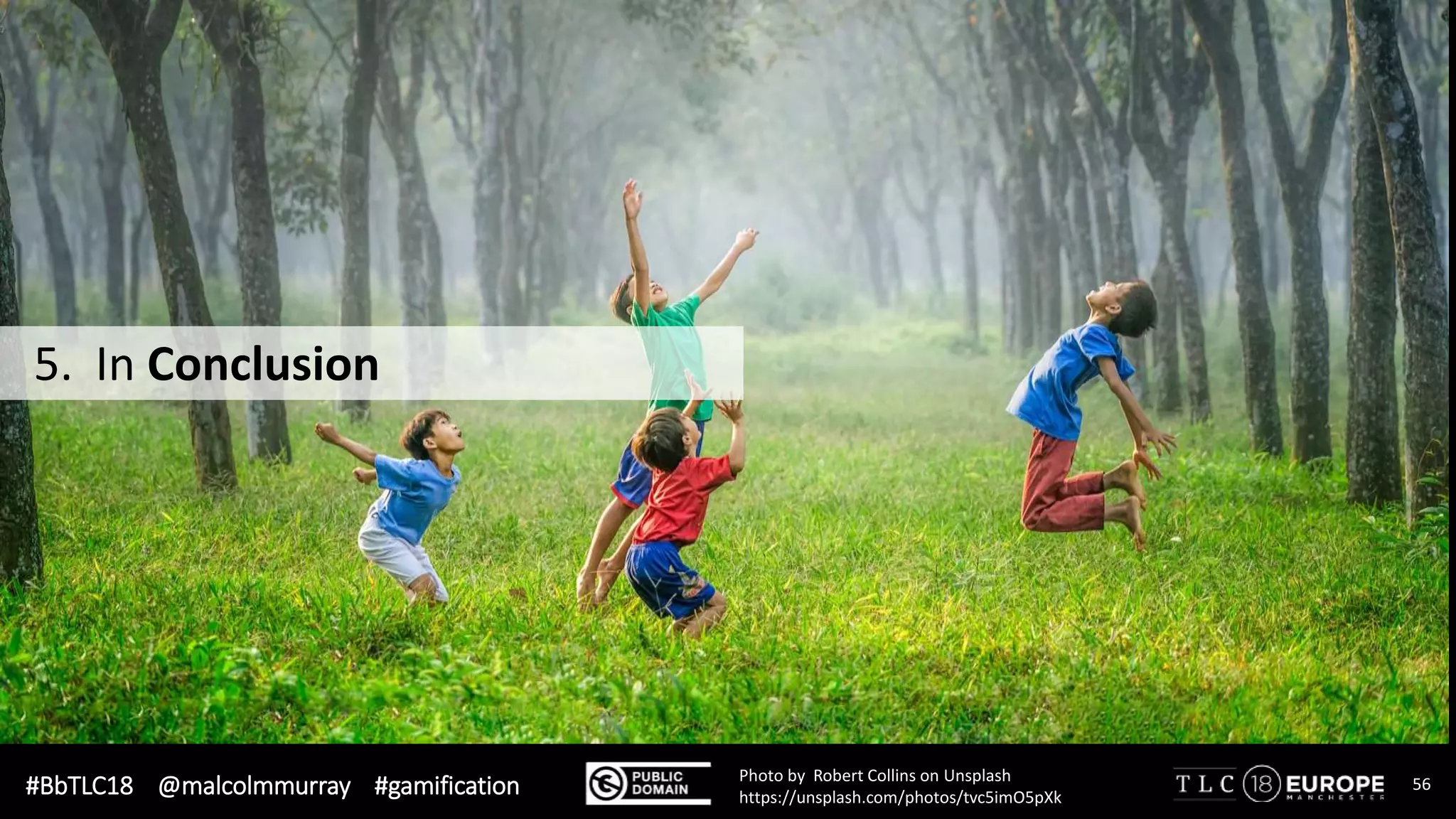 #BbTLC18 @malcolmmurray #gamification 56Photo by Robert Collins on Unsplash
https://unsplash.com/photos/tvc5imO5pXk
5. In Conclusion
 