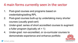 4 main forms currently seen in the sector
1. Post-grad courses and programs based on
credentialing/selling RPL
2. Post-grad courses built-up by undertaking many shorter
courses (usually grad-cert)
3. Under-grad: series of short accredited courses to augment
a fuller program (typically x4 = 1)
4. Under-grad: non-accredited, or co-curricular courses to
demonstrate experience and enhance portfolio
michael_sankey
 