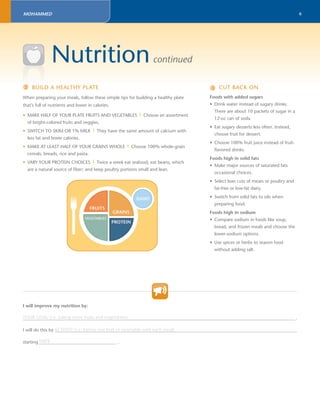 6 
Nutrition continued 
2 BUIL 
BUILD A HEALTHY PLATE 
3 CUT BACK ON 
When preparing your meals, follow these simple tips for building a healthy plate 
that’s full of nutrients and lower in calories. 
• MAKE HALF OF YOUR PLATE FRUITS AND VEGETABLES | Choose an assortment 
of bright-colored fruits and veggies. 
• SWITCH TO SKIM OR 1% MILK | They have the same amount of calcium with 
less fat and fewer calories. 
• MAKE AT LEAST HALF OF YOUR GRAINS WHOLE | Choose 100% whole-grain 
cereals, breads, rice and pasta. 
• VARY YOUR PROTEIN CHOICES | Twice a week eat seafood; eat beans, which 
are a natural source of fi ber; and keep poultry portions small and lean. 
I will improve my nutrition by: 
YOUR GOAL (i.e. Eating more fruits and vegetables) 
_______________________________________________________________________________________________________________________ . 
ACTIVITY (i.e. Eating one fruit or vegetable with each meal) 
I will do this by __________________________________________________________________________________________________________ 
DATE 
starting __________________________________ . 
Foods with added sugars 
• Drink water instead of sugary drinks. 
There are about 10 packets of sugar in a 
12-oz can of soda. 
• Eat sugary desserts less often. Instead, 
choose fruit for dessert. 
• Choose 100% fruit juice instead of fruit-fl 
avored drinks. 
Foods high in solid fats 
• Make major sources of saturated fats 
occasional choices. 
• Select lean cuts of meats or poultry and 
fat-free or low-fat dairy. 
• Switch from solid fats to oils when 
preparing food. 
Foods high in sodium 
• Compare sodium in foods like soup, 
bread, and frozen meals and choose the 
lower-sodium options. 
• Use spices or herbs to season food 
without adding salt. 
MOHAMMED 
 