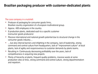 Brazilian packaging producer with customer-dedicated plants
The case company in a nutshell:
•  Producer of packaging for consumer goods firms,
Brazilian country organization of a European multinational group.
•  Approx. 400 employees in the country
•  8 production plants, dedicated each to a specific customer
(consumer goods producers)
•  Massive international and national growth potential due to structural change in the
consumer goods industry…
•  …but also internal barriers and infighting in the company, lack of leadership, strong
command and control culture from headquarters, lack of “improvement culture“ at local
plants, lack of agility and responsiveness to customer demands by plants teams.
•  Resulting in: Continuously decreasing profitability over the years, lack of
competitiveness in acquiring new projects
•  Plenty of hierarchy at plants, frequent quality problems, massive waste at some
production sites or lines, strong command and control culture, strong departmentalism
and nepotism.
 