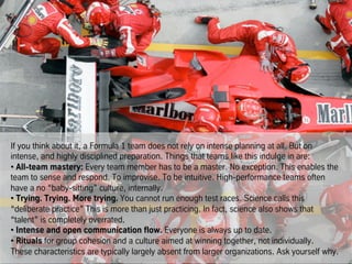 Organizations need a trust-based form of “future-directed
thinking”, not planning-based command and control
The secret of success is not to foresee the future.
But to build an organization that is able to prosper in any
of the unforeseeable futures.
Michael Hammer
 