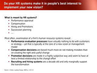 “Theory X” “Theory Y”
People need to work and want to take an inte-
rest in it. Under right conditions, they can enjoy it.
People will direct themselves towards
a target that they accept.
People will seek and accept responsibility,
under the right conditions.
Under the right conditions, people are moti-
vated by the desire to realize their own potential.
Creativity and ingenuity are widely distributed
and grossly underused.
People dislike work, find it boring,
and will avoid it if they can.
People must be forced or bribed
to make the right effort.
People would rather be directed than
accept responsibility, which they avoid.
People are motivated mainly by money
and fears about their job security.
Most people have little creativity - except
when it comes to getting round rules.
Based on Douglas McGregor, ‘The Human Side of Enterprise’, 1960
The industrial age management model not only fails because
markets have changed. It is also misaligned with human nature
Attitude
Direction
Responsibility
Creativity
Motivation
 