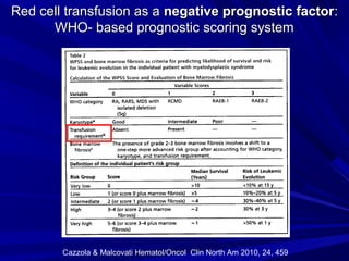 Red cell transfusion as aRed cell transfusion as a negative prognostic factornegative prognostic factor::
WHO- based prognostic scoring systemWHO- based prognostic scoring system
Cazzola & Malcovati Hematol/Oncol Clin North Am 2010, 24, 459
 
