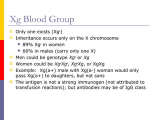 Xg Blood Group
   Only one exists (Xga)
   Inheritance occurs only on the X chromosome
      89% Xga in women
      66% in males (carry only one X)
   Men could be genotype Xga or Xg
   Women could be XgaXga, XgaXg, or XgXg
   Example: Xg(a+) male with Xg(a-) woman would only
    pass Xg(a+) to daughters, but not sons
   The antigen is not a strong immunogen (not attributed to
    transfusion reactions); but antibodies may be of IgG class
 