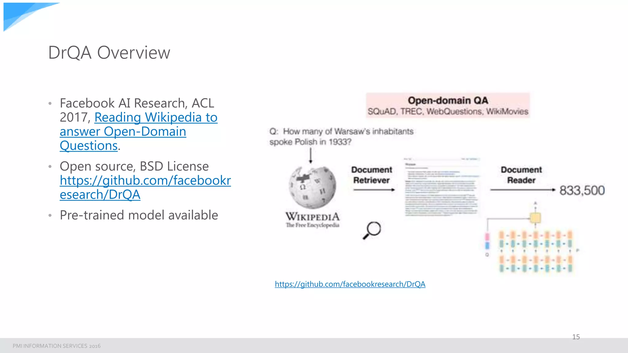 PMI INFORMATION SERVICES 2016
DrQA Overview
• Facebook AI Research, ACL
2017, Reading Wikipedia to
answer Open-Domain
Questions.
• Open source, BSD License
https://github.com/facebookr
esearch/DrQA
• Pre-trained model available
15
https://github.com/facebookresearch/DrQA
 