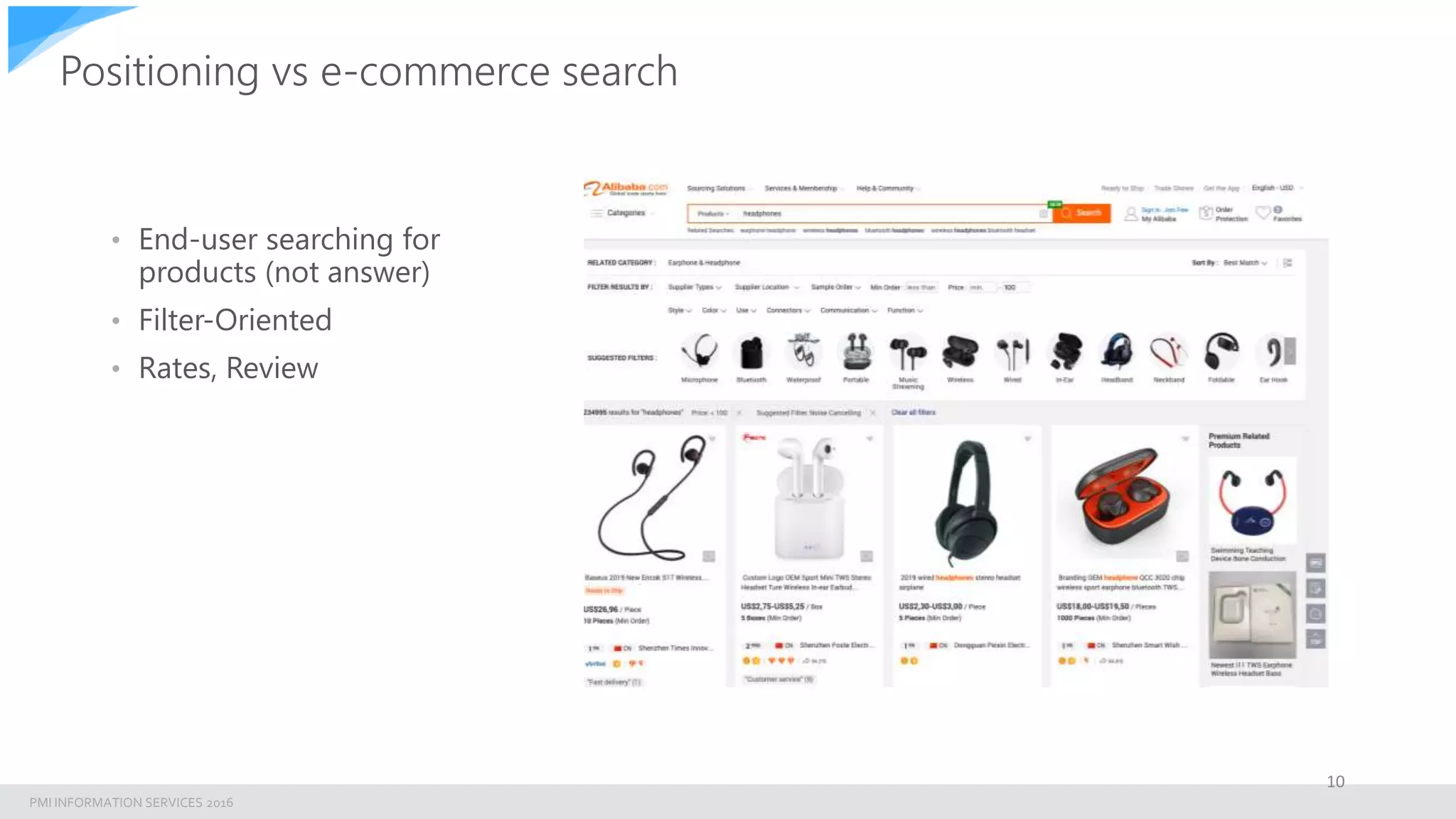 PMI INFORMATION SERVICES 2016
• End-user searching for
products (not answer)
• Filter-Oriented
• Rates, Review
10
Positioning vs e-commerce search
 