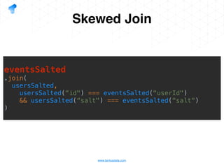 www.tantusdata.com
Skewed Join
eventsSalted
.join(
usersSalted,
usersSalted("id") === eventsSalted("userId")
&& usersSalted(“salt") === eventsSalted("salt")
)
 