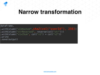 www.tantusdata.com
Narrow transformation
dataFrame.
.withColumn("uIdHashed",sha2(col("userId"), 256))
.withColumn("strReversed", reverse(col(“str")))
.withColumn(“v1v2Sum”, col("v1") + col(“v2"))
.write
.save(output)
 