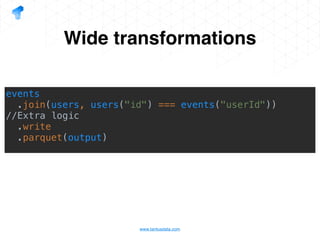 www.tantusdata.com
Wide transformations
events
.join(users, users("id") === events("userId"))
//Extra logic
.write
.parquet(output)
 