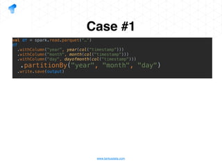 www.tantusdata.com
Case #1
val df = spark.read.parquet(“…”)
df
.withColumn("year", year(col(“timestamp”)))
.withColumn("month", month(col("timestamp")))
.withColumn("day", dayofmonth(col("timestamp")))
.partitionBy("year", "month", "day")
.write.save(output)
 
