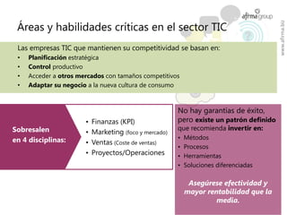 Áreas y habilidades críticas en el sector TIC




                                                                                         www.afirma.biz
 Las empresas TIC que mantienen su competitividad se basan en:
 •   Planificación estratégica
 •   Control productivo
 •   Acceder a otros mercados con tamaños competitivos
 •   Adaptar su negocio a la nueva cultura de consumo



                                                        No hay garantías de éxito,
                       •   Finanzas (KPI)               pero existe un patrón definido
Sobresalen                                              que recomienda invertir en:
                       •   Marketing (foco y mercado)
en 4 disciplinas:                                       •   Métodos
                       •   Ventas (Coste de ventas)
                                                        •   Procesos
                       •   Proyectos/Operaciones        •   Herramientas
                                                        •   Soluciones diferenciadas

                                                             Asegúrese efectividad y
                                                            mayor rentabilidad que la
                                                                     media.
 
