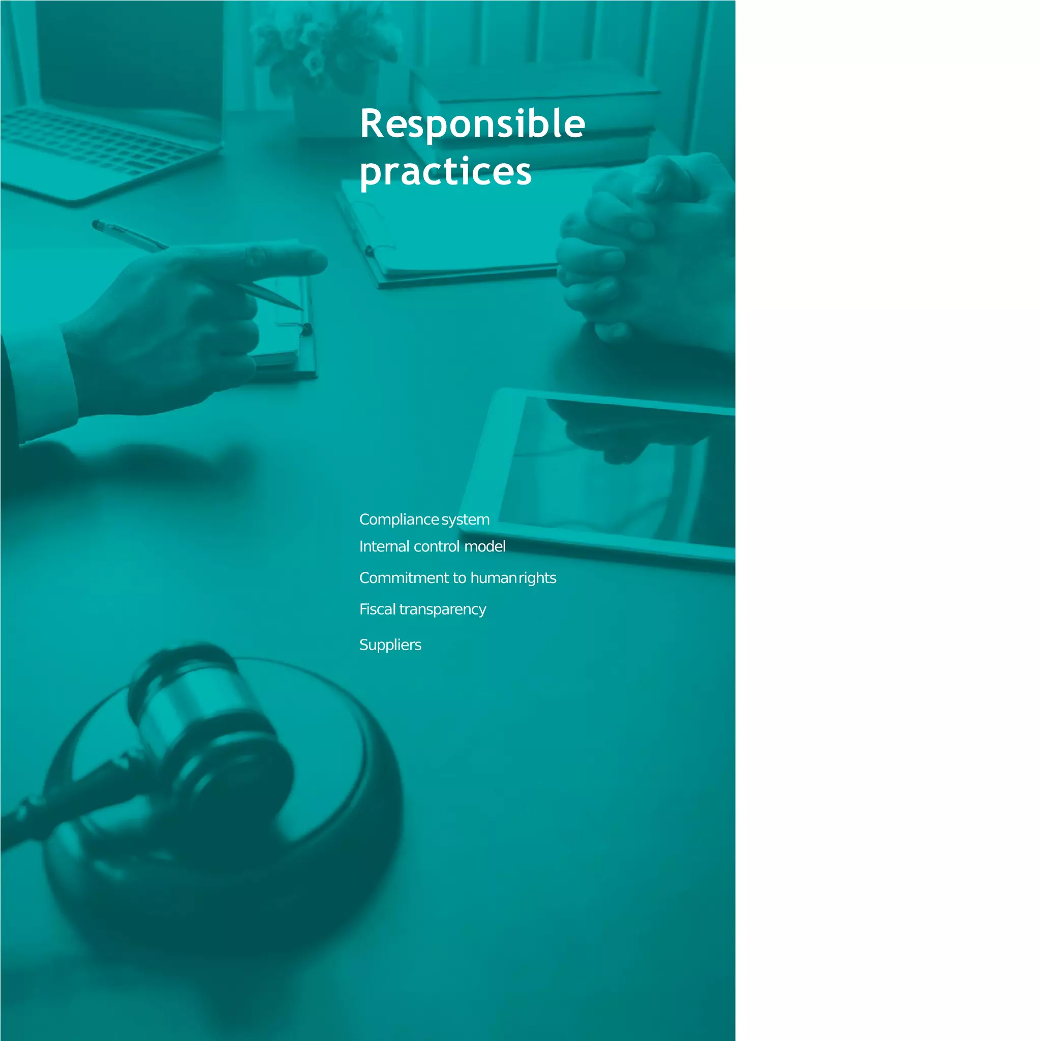 Responsible
practices
Compliancesystem
Internal control model
Commitment to humanrights
Fiscal transparency
Suppliers
 