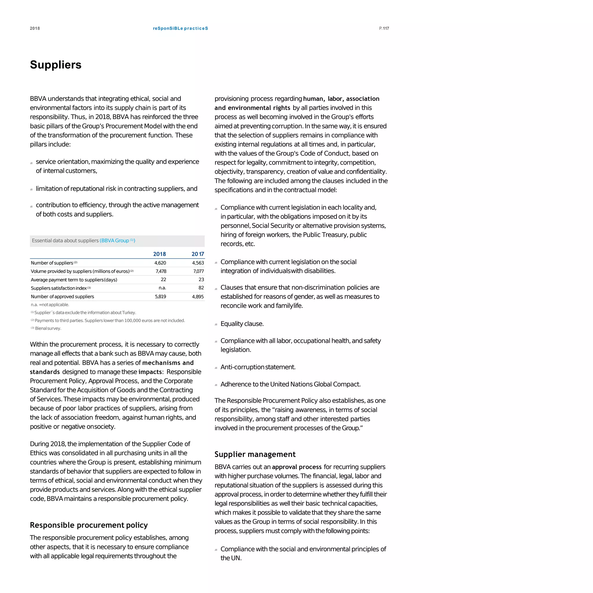 reSponSiBLe practiceS2018 P.117
Suppliers
BBVA understands that integrating ethical, social and
environmental factors into its supply chain is part of its
responsibility. Thus, in 2018,BBVA has reinforced the three
basic pillars of theGroup’s ProcurementModelwith theend
of the transformation of the procurement function. These
pillars include:
service orientation,maximizing the quality and experience
of internalcustomers,
limitationof reputational risk in contracting suppliers, and
contribution to efficiency, through theactive management
of both costs and suppliers.
Essential data about suppliers (BBVA Group (1)
)
Number of suppliers(2)
Volume provided by suppliers(millionsof euros)(2)
Average payment term to suppliers(days)
Supplierssatisfactionindex(3)
2018 2017
4,620 4,563
7,478 7,077
22 23
n.a. 82
4,895Number ofapproved suppliers 5,819
n.a. =notapplicable.
(1) Supplier´s dataexcludethe informationaboutTurkey.
(2) Payments to third parties. Supplierslowerthan 100,000 euros arenot included.
(3) Bienalsurvey.
Within the procurement process, it is necessary to correctly
manageall effects that abank such as BBVAmaycause, both
real and potential. BBVA has a series of mechanisms and
standards designed to managethese impacts: Responsible
Procurement Policy, Approval Process, and the Corporate
Standardfor theAcquisition of Goods and theContracting
of Services.These impacts may beenvironmental,produced
because of poor labor practices of suppliers, arising from
the lack of association freedom, against human rights, and
positive or negative onsociety.
During 2018,the implementation of the Supplier Code of
Ethics was consolidated in all purchasing units in all the
countries where the Group is present, establishing minimum
standards of behavior that suppliers areexpected to follow in
terms of ethical, social and environmental conduct when they
provideproducts andservices.Alongwith theethical supplier
code,BBVAmaintains aresponsibleprocurement policy.
Responsible procurement policy
The responsible procurement policy establishes, among
other aspects, that it is necessary to ensure compliance
with all applicable legalrequirementsthroughout the
provisioning process regardinghuman, labor, association
and environmental rights by all parties involved in this
process as well becoming involved in the Group's efforts
aimedat preventingcorruption.In thesame way,it is ensured
that the selection of suppliers remains in compliance with
existing internal regulations at all times and, in particular,
with the values of the Group's Code of Conduct, based on
respect for legality,commitmentto integrity,competition,
objectivity, transparency, creation of value and confidentiality.
The following are included among the clauses included in the
specifications and in thecontractual model:
Compliancewith current legislationin each locality and,
in particular, with theobligations imposedon it by its
personnel,Social Security or alternative provision systems,
hiring of foreign workers, the Public Treasury,public
records,etc.
Compliancewith current legislationon thesocial
integration of individualswith disabilities.
Clauses that ensure that non-discrimination policies are
established for reasonsof gender,as wellas measures to
reconcile work and familylife.
Equalityclause.
Compliancewith all labor,occupational health,and safety
legislation.
Anti-corruptionstatement.
Adherence to theUnited NationsGlobal Compact.
The ResponsibleProcurementPolicy also establishes,as one
of its principles, the “raising awareness, in terms of social
responsibility, among staff and other interested parties
involved in theprocurement processes of theGroup.”
Supplier management
BBVA carries out an approval process for recurring suppliers
with higherpurchasevolumes.The financial, legal,labor and
reputationalsituation of the suppliers is assessed during this
approvalprocess,inordertodeterminewhethertheyfulfill their
legalresponsibilities as welltheir basic technicalcapacities,
which makes it possible to validatethat they share the same
valuesas the Group in terms of social responsibility.In this
process,suppliers mustcomplywiththefollowingpoints:
Compliancewith thesocial and environmental principles of
theUN.
 