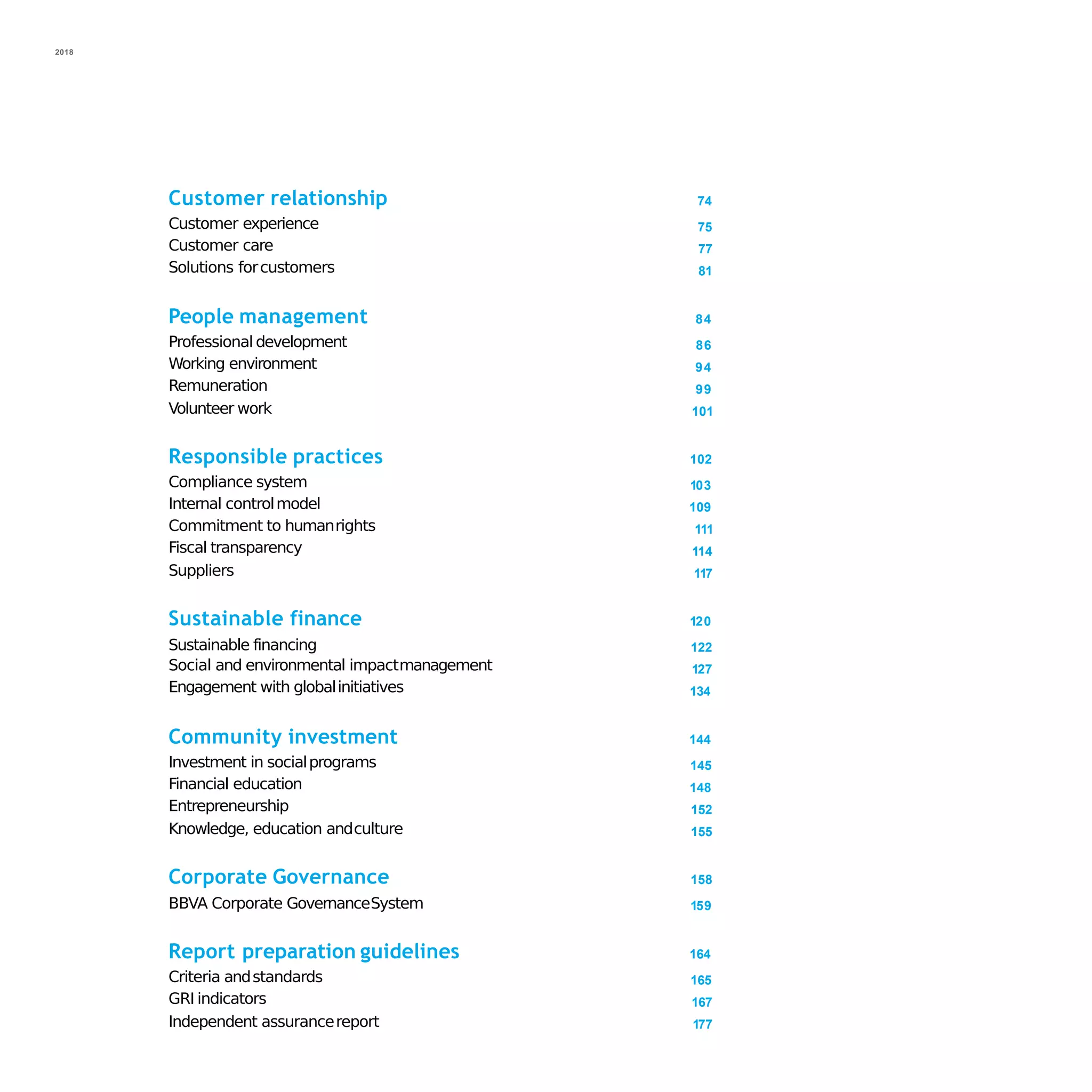 2018
Customer relationship
Customer experience
Customer care
Solutions forcustomers
74
75
77
81
People management
Professional development
Working environment
Remuneration
Volunteer work
84
86
94
99
101
Responsible practices
Compliance system
Internal controlmodel
Commitment to humanrights
Fiscal transparency
Suppliers
102
103
109
111
114
117
Sustainable finance
Sustainable financing
Social and environmental impactmanagement
Engagement with globalinitiatives
120
122
127
134
Community investment
Investment in socialprograms
Financial education
Entrepreneurship
Knowledge, education andculture
144
145
148
152
155
Corporate Governance
BBVA Corporate GovernanceSystem
158
159
Report preparation guidelines
Criteria andstandards
GRI indicators
Independent assurancereport
164
165
167
177
 