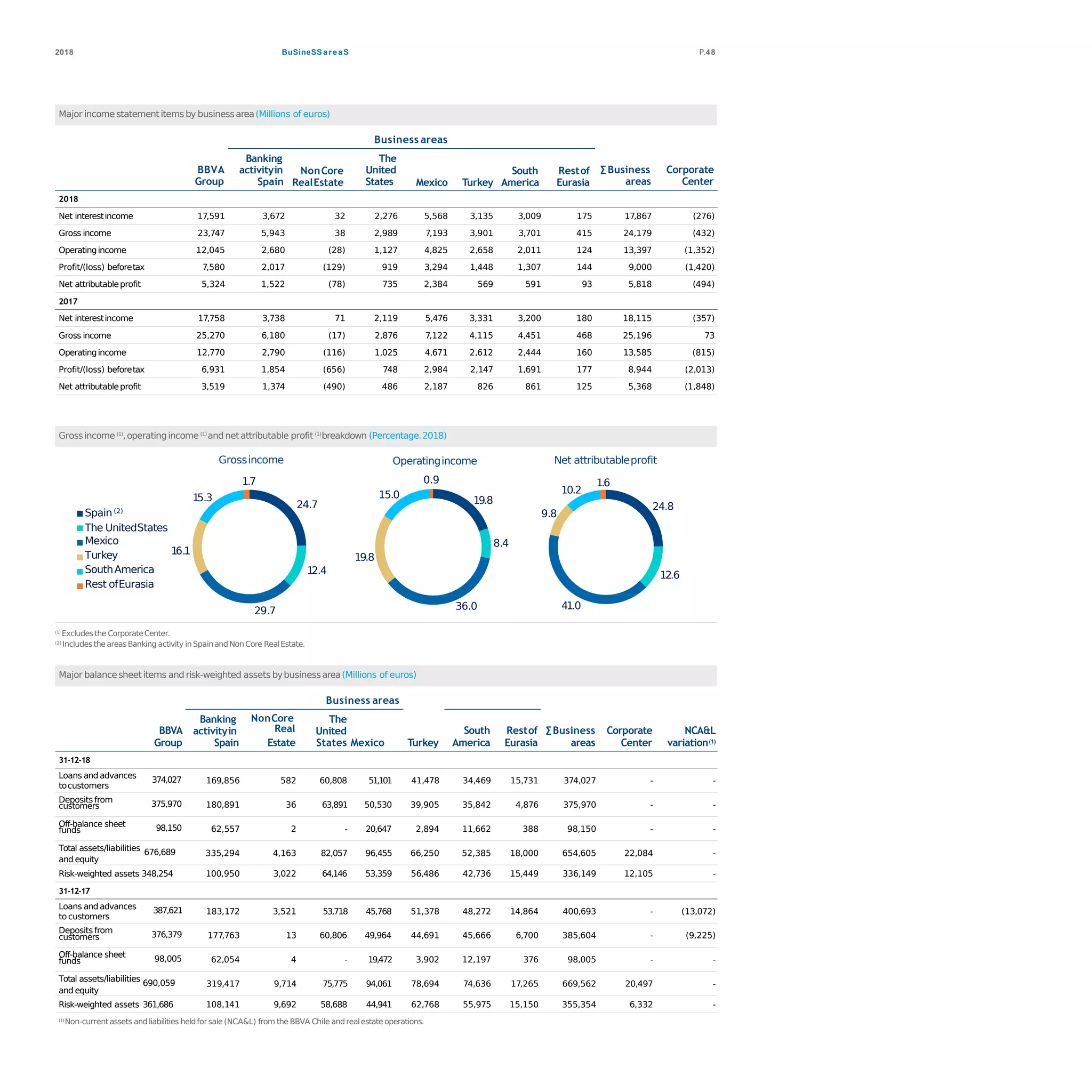 BuSineSS areaS2018 P.48
Major income statement items by businessarea(Millions of euros)
Business areas
BBVA
Group
Banking
activityin
Spain
NonCore
RealEstate
The
United
States Mexico Turkey
South
America
Restof
Eurasia
∑ Business
areas
Corporate
Center
2018
Net interestincome 17,591 3,672 32 2,276 5,568 3,135 3,009 175 17,867 (276)
Gross income 23,747 5,943 38 2,989 7,193 3,901 3,701 415 24,179 (432)
Operatingincome 12,045 2,680 (28) 1,127 4,825 2,658 2,011 124 13,397 (1,352)
Profit/(loss) beforetax 7,580 2,017 (129) 919 3,294 1,448 1,307 144 9,000 (1,420)
Net attributableprofit 5,324 1,522 (78) 735 2,384 569 591 93 5,818 (494)
2017
Net interestincome 17,758 3,738 71 2,119 5,476 3,331 3,200 180 18,115 (357)
Gross income 25,270 6,180 (17) 2,876 7,122 4,115 4,451 468 25,196 73
Operatingincome 12,770 2,790 (116) 1,025 4,671 2,612 2,444 160 13,585 (815)
Profit/(loss) beforetax 6,931 1,854 (656) 748 2,984 2,147 1,691 177 8,944 (2,013)
Net attributableprofit 3,519 1,374 (490) 486 2,187 826 861 125 5,368 (1,848)
Gross income (1)
,operatingincome (1)
and netattributable profit (1)
breakdown (Percentage.2018)
19.8
8.4
36.0
19.8
Operatingincome
0.9
15.0
24.8
12.6
41.0
9.8
10.2
1.6
Net attributableprofit
24.7
12.4
29.7
16.1
15.3
Grossincome
1.7
(2)
Mexico
Turkey
SouthAmerica
Rest ofEurasia
Spain(2)
The UnitedStates
(1) Excludesthe CorporateCenter.
(2) IncludestheareasBanking activity inSpainandNonCore RealEstate.
Major balancesheet items and risk-weighted assets bybusinessarea(Millions of euros)
tocustomers
customers
funds
and equity
Business areas
BBVA
Banking
activityin
NonCore
Real
The
United South Restof ∑Business Corporate NCA&L
Group Spain Estate States Mexico Turkey America Eurasia areas Center variation(1)
31-12-18
Loans and advances
374,027 169,856 582 60,808 51,101 41,478 34,469 15,731 374,027 - -
Deposits from
375,970 180,891 36 63,891 50,530 39,905 35,842 4,876 375,970 - -
Off-balance sheet
98,150 62,557 2 - 20,647 2,894 11,662 388 98,150 - -
Total assets/liabilities
676,689 335,294 4,163 82,057 96,455 66,250 52,385 18,000 654,605 22,084 -
Risk-weighted assets 348,254 100,950 3,022 64,146 53,359 56,486 42,736 15,449 336,149 12,105 -
31-12-17
Loans and advances
387,621 183,172 3,521 53,718 45,768 51,378 48,272 14,864 400,693 - (13,072)
Deposits from
376,379 177,763 13 60,806 49,964 44,691 45,666 6,700 385,604 - (9,225)
Off-balance sheet
98,005 62,054 4 - 19,472 3,902 12,197 376 98,005 - -
Total assets/liabilities
690,059 319,417 9,714 75,775 94,061 78,694 74,636 17,265 669,562 20,497 -
Risk-weighted assets 361,686 108,141 9,692 58,688 44,941 62,768 55,975 15,150 355,354 6,332 -
to customers
customers
funds
and equity
(1)Non-currentassets andliabilities heldforsale (NCA&L) from the BBVA Chile andrealestate operations.
 