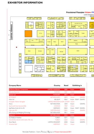 eXHiBitoR infoRmAtion

    Provisional floor Plan
                                                                                                                                                                                                                   Provisional Floorplan Victam / FIA
                                                                                                                                                                                                                                                                                             Location reservations m
                                                                                                                                                                                                                                                                                                           Hall 6, Koe
                                                   Mechanika Polem                      efeedlink Altinbilek                                 I.C.K                                             Unity                        Rembe                  KOAN            C.A.Picard Cargotec
                                                                                                                                                          Kraftfutter    Adifo
                                                                  A077          A075        A073         A071                                    A067       A065                   A063           A061                         A057                      A055          A053                 A051              Gime A0




                                         A078                              A074             A072     A070                                                 A066                   A064      A062          A060                                                                                             Chenzhou
                                                                                           Extruder                                                                                                                                                Ugur Makine San Gida




                                                                                                                                                                                                                          Actemium
                                                                                                                    Schrauwen
                                                                                                   Super B Int                                                                              IFF       Proleit



                                                   AllAboutFeed
                                    Internetcafé
                                                                         7x5               Experts                                                        SPE                Bitzer                                                                                                                A050       A048
  COFFEE TERRACE




                                                                                                                                         Sonac
                                                                     Daniit                Mutimix                                                                                            BEHN &
                                                                                                          Scott                                           IMAS               E.S.E. Eurotier Bates                                       Bioenergy                 Mulmix                     Rueter      Xiangliang Yi
                                                                           B077              B075        B073       B071                  B069               B067                B065      B063            B061           B059              B057                         B053                      B051       B049



                                                                                                                                                           B066                    B062                                   B058                            B056                                               B046
                                                                                                                                                          FOSS                    Vitamex              Format
                                                                                                         CFE Ltd.                                                                                                             Schulz                Walinga                     Fragola                            SAT
                                                                                                                                        Derichs         GmbH
                                                                                                                                                                             Behlen
                                                                                                                                                        Vortex                             KMZ                            Schrage                 Hansmeier                                                 Precia Mol
                                                                                                                  C071                  C069                 C067            C065           C063        C061                 C055                   C053                                     C051         C045



                                   C078                                                     C074                    C070                                                                                                   C058                                                                    C050
                                                                               CPM                                                                                                                                                               Paglierani
                                    Pfeuffer                                                                Goudsmit
                                                                                                                                        Concetti                  Petkus                       Munch                                                                                        Cusinato

                                                                                                                                                                                                                                                        Welgro
                                                                          Salmatec                                D071             D069                                  D063                           D061                                                                                       D051




                                                                                                                                        DMT             Arodo
                                                             AWILA                                   Dinnissen                                                                                                                                             Geelen
                                                                                                                                                                                          Wynveen


                   E081              E075                                                                         E071             E067                       E065                                      E061                                                                                       E051

                   5x3
                                                                  E076          E074                                               E068                   E064
                   5x3             E078                                                       E072                E070                           E066                              E062                E060             E058                    E056          E054          E052               E050
                                                                  Verbruggen MTD                Golfetto           4x5                                      Master
                                                                                                                                                 PAP                                                                                        Doscher
                                                                                                                                        Brice-
                                                                                                                                Baker




                                   Technofood                                                                                                                    E064A
                   E080                                                          5x3             Sangati          Imtech                                                         Technex              Mogensen          UWT                                Aerox            CTB              Fawema
                                                                                                                                                                                                                                                                          Tout
                   5x3                                                         Bakker                          Tekno                                             Bipea              Nerak             Forberg                                                           p l grain
                                                                                                                                 Growth




                                                                                5x3              Tornum                                 Kombi-                                                                                Rosal                         Chopin                            Riela           Symach
                                                                                                                                          Ag




                                                                                                                                        korma
                   F081             F079                              F077 F075                   F073            F071             F069 F067           Chief F065                  F063                 F061                   F059                           F055          F053               F051           F049
                   5x3
                                                                                                                                                                                                        F060
                   F080                                                                   F074       F072         F070                  F068                 F066                          F062                                      F058        F056    F054                                      F050    F048
                                                                                                                                                                             siloexport




                                                                                                                                                                                                                      General




                                                                                                                                                                                                                                                                             La meccanica
                                                                                                                                                                                                                       F058A
                                                                                                                                                                                                      Prediktor
                                                                                                                                                                                 F064




                   5x3                                                                                                                                                                                                                           4x4

                                                                                                                                                                                                                         Dies
                                                                                                                                                                                          Hoekstra                               Prodmash
                                                                                                                                   CelticSea                                                             F060A                                            FMS                                  WAM           Watt
                                                                                                                                                                                 Molino                                                                                                           Multi
                   G081                                                                                           F070A                                    Witte                                       Fjordvejs




                                                                                                                                                                                                                                                          Global
                                                                                                                                        ILPERSA
                                                                                                                                                                                                                      Moritz -S
                                                                                                                                                                                                                      G059A

                                                                                                                                                                                            Context
                                                                                                                                                                                                                       Verlag        Ten Kate    CFS                                          Cracker        Cetec
                      Crowley




                                                                                                                                                                                                      Brabender
                                                                         G077            G075        G073         G071           G069                                            G065       G063           G061                      G059       G057 G055                        G053              G051   G047
                   G080

                                                                           Supertech       Unique                                                Bruker      WPSA Pent- Laidig                    Ludwig                                  G058           G054           G052                G050
                                                                                          Organics    Prokop                                                      Lands                                                                                    Agri                                                   CROP
                                                                                  G076       G074         G072                                   G070        G068 G066      G064                      G062                            Alvan Blanch        media Nukamel                     Uni                  protecto




Exhibitor list

Company name                                                                                                                                                       Country                                 stand                            exhibiting in

4B Braime Elevator Components                                                                                                             UNiTED KiNGDom                                                       B040              Victam                                 GraPas
AB Liros Electronic                                                                                                                                                     SWEDEN                                 E081                  Victam
abraziv ltd                                                                                                                                                      HUNGarY                                       B017              Victam
ACTEMIUM                                                                                                                                             NETHERLANDS                                               B059                  Victam                             GRAPAS
Adifo NV                                                                                                                                                                BELGIUM                              A063                    Victam FIAAP GRAPAS
Aeroglide / Buhler Aeroglide                                                                                                                 UNITED KINGDOM D-E041, D-E039 Victam
Aerox                                                                                                                                                NETHERLANDS                                               E054                  Victam                             GRAPAS
Ag Growth International (AGI)                                                                                                                                       CANADA                                     F069                  Victam
AgriMedia GmbH & Co. KG                                                                                                                                           GERMANY                                    G054                    Victam FIAAP GRAPAS
Agromatic AG                                                                                                                                         SWITZERLAND                                            D001                     Victam                             GRAPAS
Alfra Dosing and Weighing Technology                                                                                                                 NETHERLANDS                                               B011                  Victam
almex b.v.                                                                                                                                           NETHErlaNDs                                            G014                 Victam
ALTINBILEK MAKINA                                                                                                                                                        TURKEY                              A071                    Victam
ALTUNTAS HAV.VE HAYV. SAN .TİC. A.S.                                                                                                                                     TURKEY                              G020                    Victam                             GRAPAS
Alvan Blanch                                                                                                                                 UNITED KINGDOM                                                  G058                    Victam                             GRAPAS
Amandus Kahl                                                                                                                                                      GERMANY                                   D011                     Victam




                                Perendale Publishers - Event Preview/Review	of Victam international 2011
 