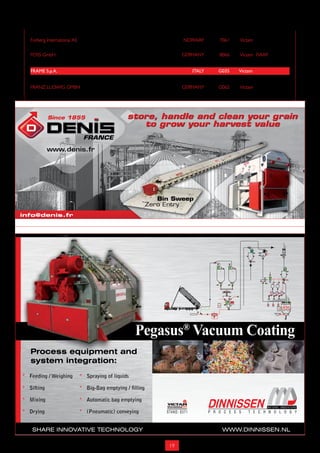 Food Technology Noord-Oost Nederland (FTNON)           NETHERLANDS      G057                         Victam
  Forberg International AS                                    NORWAY        F061                       Victam
  Format International Limited                         UNITED KINGDOM     C061                                       FIAAP
  FOSS GmbH                                                   GERMANY      B066                        Victam FIAAP
  Fragola                                                        ITALY    C051                         Victam                       GRAPAS
  framE s.p.a.                                                   iTalY   G035                          Victam
  Franz Högemann GmbH Automatisierungstechnik                 GERMANY      B036                        Victam                       GRAPAS
  FRANZ LUDWIG GMBH                                           GERMANY     G062                         Victam




            Since 1855                          store, handle and clean your grain
                                                   to grow your harvest value
                             FRANCE

            www.denis.fr




                                                      Bin Sweep
                                                   Zero Entry
info@denis.fr




                                                                                                                               DP



                                                                                                                LS    LS



                                                                                                                                                    M
                                                                                                                           4
                                                                                                                      LS




                                                                                                                                                                 LS




                                                                                                                               LS

                                                                                                                           5




                                                                                 M        M
                                                                                                                                    6   6               6


                                                                                               L
                                                                                          LS




                                                                                     DP




                                                                         MCC 2
                                                                                              LS
                                                                                                   L                                                        10

                                                                                                                                            MCC 1




                                                                                                                                                                      LS




                                                         19
 