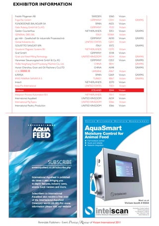 eXHiBitoR infoRmAtion

Fredrik Mogensen AB                                                      SWEDEN         E060     Victam
FrigorTec GmbH                                                          GERMANY         C041     Victam   GRAPAS
FUNDICIONES BALAGUER SA                                                     SPAIN       A025     Victam
Gebr. Ruberg GmbH & Co. KG                                              GERMANY         F035     Victam
Geelen Counterflow                                                 NETHERLANDS          E051     Victam   GRAPAS
GENERAL DIES SRL                                                             ITALY     F058A     Victam
gip mbh - Gesellschaft für industrielle Prozesstechnik                  GERMANY         A030     Victam   GRAPAS
Global Industries, Inc.                                            UNITED STATES        G055     Victam
GOLFETTO SANGATI SPA                                                         ITALY      E072              GRAPAS
Goudsmit Magnetic Systems BV                                       NETHERLANDS          C070     Victam
Graf GmbH                                                               GERMANY         E038     Victam
Grain and Feed Milling Technology                               UNITED KINGDOM          A034     Victam   GRAPAS
Hansmeier Steuerungstechnik GmbH & Co. KG                               GERMANY         C053     Victam   GRAPAS
HuBei YongXiang Food Processing Machine Co., Ltd.                          CHINA        B041              GRAPAS
Hunan Chenzhou Grain and Oil Machinery Co.,LTD                             CHINA        A048              GRAPAS
I.C.K. İİİİİİİİİİ, İİİ                                                   UKRAINE        A067     Victam
ILPERSA                                                                     SPAIN       G069     Victam   GRAPAS
IMAS MAKINA SANAYI A S                                                    TURKEY        B067     Victam   GRAPAS
Imtech                                                             NETHERLANDS          E070     Victam
Insta-Pro International                                            UNITED STATES        F001     Victam
intelscan                                                                iCElaND        E044     Victam
Inteqnion Process Automation B.V.                                  NETHERLANDS          F011     Victam
International Aquafeed                                          UNITED KINGDOM          A034     Victam
International Pig Topics                                        UNITED KINGDOM          E066     Victam
International Poultry Production                                UNITED KINGDOM          E066     Victam




                           Perendale Publishers - Event Preview/Review	of Victam international 2011
 
