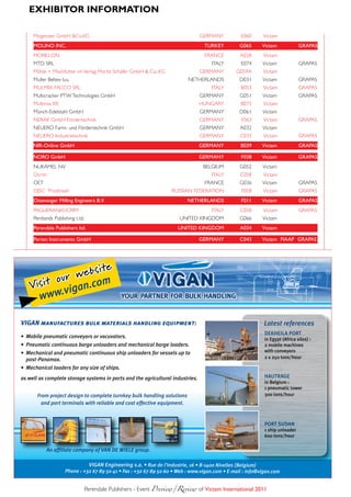 eXHiBitoR infoRmAtion

     Mogensen GmbH &Co.KG                                                       GERMANY           E060      Victam
     moliNo iNC.                                                                  TUrKEY          G065      Victam             GraPas
     MORILLON                                                                     FRANCE          A028      Victam
     MTD SRL                                                                         ITALY        E074      Victam             GRAPAS
     Mühle + Mischfutter im Verlag Moritz Schäfer GmbH & Co. KG                 GERMANY         G059A       Victam
     Muller Beltex b.v.                                                    NETHERLANDS            D031      Victam             GRAPAS
     MULMIX FACCO SRL                                                                ITALY        B053      Victam             GRAPAS
     Multicracker PTW Technologies GmbH                                         GERMANY           G051      Victam             GRAPAS
     Multimix Kft                                                               HUNGARY           B075      Victam
     Münch-Edelstahl GmbH                                                       GERMANY           D061      Victam
     NERAK GmbH Fördertechnik                                                   GERMANY            F063     Victam             GRAPAS
     NEUERO Farm- und Fördertechnik GmbH                                        GERMANY           A032      Victam
     NEUERO Industrietechnik                                                    GERMANY           C033      Victam             GRAPAS
     Nir-online GmbH                                                            GErmaNY           B039      Victam             GraPas

     Noro GmbH                                                                  GErmaNY           f038      Victam             GraPas
     NUKAMEL NV                                                                   BELGIUM         G052      Victam
     Ocrim                                                                           ITALY        C058      Victam
     OET                                                                          FRANCE          G036      Victam             GRAPAS
     OJSC `Prodmash`                                                RUSSIAN FEDERATION             F058     Victam             GRAPAS
     ottevanger milling Engineers B.V.                                     NETHErlaNDs            f011      Victam             GraPas
     PAGLIERANI/OCRIM                                                                ITALY        C058      Victam             GRAPAS
     Pentlands Publishing Ltd.                                         UNITED KINGDOM             G066      Victam
     Perendale Publishers ltd.                                        UNiTED KiNGDom              a034      Victam

     Perten instruments GmbH                                                    GErmaNY           C043      Victam fiaaP GraPas




                       ite
            ur  we b s
    Vi sit o gan.com
             vi
       www.

VIGAN manufactures bulk materials handling equipment:                                                        Latest references
                                                                                                             DEKHEILA PORT
• Mobile pneumatic conveyors or vacuvators.                                                                  in Egypt (Africa silos) :
• Pneumatic continuous barge unloaders and mechanical barge loaders.                                         2 mobile machines
• Mechanical and pneumatic continuous ship unloaders for vessels up to                                       with conveyors
  post-Panamax.                                                                                              2 x 250 tons/hour

• Mechanical loaders for any size of ships.
as well as complete storage systems in ports and the agricultural industries.                                HAUTRAGE
                                                                                                             in Belgium :
                                                                                                             1 pneumatic tower
       From project design to complete turnkey bulk handling solutions                                       300 tons/hour
         and port terminals with reliable and cost effective equipment.


                                                                                                             PORT SUDAN
                                                                                                             1 ship unloader
                                                                                                             600 tons/hour

           An affiliate company of VAN DE WIELE group.

                               VIGAN Engineering s.a. • Rue de l’Industrie, 16 • B-1400 Nivelles (Belgium)
                     Phone : +32 67 89 50 41 • Fax : +32 67 89 50 60 • Web : www.vigan.com • E-mail : info@vigan.com


                                 Perendale Publishers - Event Preview/Review	of Victam international 2011
 