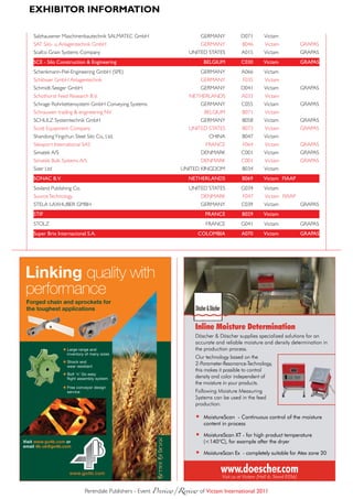 eXHiBitoR infoRmAtion

Salzhausener Maschinenbautechnik SALMATEC GmbH                          GERMANY          D071        Victam
SAT Silo- u. Anlagentechnik GmbH                                        GERMANY           B046        Victam              GRAPAS
Scafco Grain Systems Company                                     UNITED STATES            A015       Victam               GRAPAS
sCE - silo Construction & Engineering                                   BElGiUm          C030        Victam               GraPas
Schenkmann-Piel-Engineering GmbH (SPE)                                  GERMANY           A066       Victam
Schlösser GmbH Anlagentechnik                                           GERMANY           F035        Victam
Schmidt-Seeger GmbH                                                     GERMANY          D041        Victam               GRAPAS
Schothorst Feed Research B.V.                                    NETHERLANDS              A033        Victam
Schrage Rohrkettensystem GmbH Conveying Systems                         GERMANY           C055       Victam               GRAPAS
Schrauwen trading & engineering NV                                       BELGIUM          B071        Victam
SCHULZ Systemtechnik GmbH                                               GERMANY           B058       Victam               GRAPAS
Scott Equipment Company                                          UNITED STATES            B073        Victam              GRAPAS
Shandong Yingchun Steel Silo Co., Ltd.                                    CHINA           B047       Victam
Silexport International SAS                                              FRANCE           F064        Victam              GRAPAS
Simatek A/S                                                             DENMARK           C001       Victam               GRAPAS
Simatek Bulk Systems A/S                                                DENMARK           C001        Victam              GRAPAS
Sizer Ltd                                                     UNITED KINGDOM              B034       Victam
soNaC B.V.                                                       NETHErlaNDs              B069       Victam fiaaP
Sosland Publishing Co.                                           UNITED STATES           G034        Victam
Source Technology                                                       DENMARK           F047        Victam FIAAP
STELA LAXHUBER GMBH                                                     GERMANY           C039       Victam               GRAPAS
sTif                                                                     fraNCE           B029       Victam
STOLZ                                                                    FRANCE          G041        Victam               GRAPAS
super Brix internacional s.a.                                        ColomBia             a070       Victam               GraPas




                                                                    Inline Moisture Determination
                                                                    Döscher & Döscher supplies specialized solutions for an
                                                                    accurate and reliable moisture and density determination in
                                                                    the production process.
                                                                    Our technology based on the
                                                                    2-Parameter-Resonance-Technology,
                                                                    this makes it possible to control
                                                                    density and color independent of
                                                                    the moisture in your products.
                                                                    Following Moisture Measuring
                                                                    Systems can be used in the feed
                                                                    production:

                                                                    •   MoistureScan - Continuous control of the moisture
                                                                        content in process

                                                                    •   MoistureScan XT - for high product temperature
                                                                        (<140°C), for example after the dryer

                                                                    •   MoistureScan Ex - completely suitable for Atex zone 20


                                                                               www.doescher.com
                                                                                Visit us at Victam [Hall 6; Stand E056]


                         Perendale Publishers - Event Preview/Review	of Victam international 2011
 