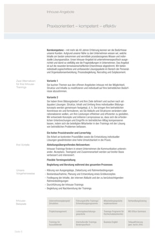 Inhouse-Angebote



                       Praxisorientiert – kompetent – effektiv




                       Kernkompetenz – mit mehr als 40 Jahren Erfahrung kennen wir die Bedürfnisse
                       unserer Kunden. Aufgrund unserer Nähe zu den Unternehmen wissen wir, welche
                       Inhalte am besten ankommen und vermitteln praxisbezogenes Wissen und indivi-
                       duelle Lösungsansätze. Unser Inhouse-Angebot ist unternehmensspezifisch ausge-
                       richtet und damit so vielfältig wie die Fragestellungen in Unternehmen. Das Angebot
                       ist auf die neuesten lernwissenschaftlichen Erkenntnisse abgestimmt. Wir bieten
                       individuell zugeschnittene und umfassende Lösungspakete im Bereich der Personal-
                       und Organisationsentwicklung, Prozessbegleitung, Recruiting und Outplacement.


 Zwei Alternativen     Variante 1
 für Ihre Inhouse-     Sie buchen Themen aus den offenen Angeboten inhouse mit der Möglichkeit,
 Trainings             Struktur und Inhalte zu modifizieren und individuell auf Ihre betrieblichen Bedürf-
                       nisse abzustimmen.

                       Variante 2
                       Sie haben Ihren Bildungsbedarf und Ihre Ziele definiert und suchen nach ad-
                       äquaten Lösungen. Struktur, Inhalt und Umfang Ihres individuellen Bildungs-
                       konzepts werden gemeinsam festgelegt, d. h. Sie bringen Ihre betrieblichen
                       Kenntnisse ein und formulieren, wo Sie Abläufe und Strukturen verändern oder
                       rationalisieren wollen, um Ihre Leistungen effektiver und effizienter zu gestalten.
                       Wir entwickeln Konzepte und initiieren Lernprozesse so, dass sich die erforder-
                       lichen Unterbrechungen und Eingriffe im betrieblichen Alltag kompensieren
                       lassen, indem sich die beteiligten Mitarbeiter in den Trainings mit der Lösung
                       von betrieblichen Problemen befassen.

                       Ein hoher Praxistransfer und Lernerfolg:
                       Die Arbeit an konkreten Praxisfällen sowie die Entwicklung individueller
                       Lösungen gewährleisten eine hohe Umsetzbarkeit in die Praxis.
 Ihre Vorteile         Abteilungsübergreifendes Netzwerken:
                       Inhouse-Trainings fördern in einem Unternehmen die Kommunikation unterein-
                       ander. Akzeptanz, Teamgeist und Zusammenarbeit werden auf breiter Basis
                       verbessert und intensiviert.
                       Flexible Termingestaltung
                       Begleitung und Beratung während des gesamten Prozesses

 Unsere              -- Klärung von Ausgangslage, Zielsetzung und Rahmenbedingungen
 Vorgehensweise      -- Bestandsaufnahme, Planung und Entwicklung eines Grobkonzeptes
                     -- Festlegung der Inhalte, der internen Abläufe und der zu berücksichtigenden
                        Rahmenbedingungen
                     -- Durchführung der Inhouse-Trainings
                     -- Begleitung und Nachbereitung der Trainings



 Inhouse-                Unternehmensplanspiel/     Führungskräfte-Trainings/    Mitarbeitergespräche     Verhandlungstraining
 Beispiele               Simulation                 Entwicklungsprogramme        implementieren


                         Projektmanagement          Leistungsbeurteilungs-       Trainings-Programm für   MS Office-Seminare
                                                    gespräche                    Hochschulabsolventen


                         Trainings für              Interkulturelle Trainings,   Business English         Teilqualifizierung
                         Auszubildende              länderspezifisch                                      gew.-techn./kfm.


Seite 8
 