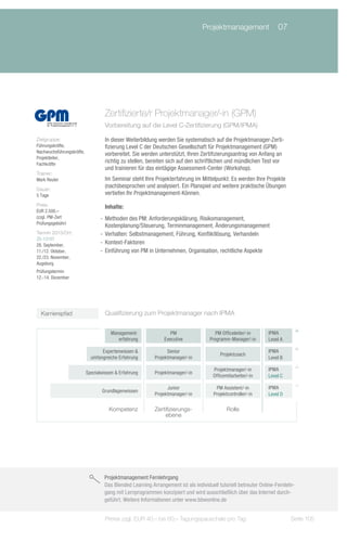 Projektmanagement	 07




                                    Zertifizierte/r Projektmanager/-in (GPM)
                                    Vorbereitung auf die Level C-Zertifizierung (GPM/IPMA)

Zielgruppe:                         In dieser Weiterbildung werden Sie systematisch auf die Projektmanager-Zerti-
Führungskräfte,                     fizierung Level C der Deutschen Gesellschaft für Projektmanagement (GPM)
Nachwuchsführungskräfte,
                                    vorbereitet. Sie werden unterstützt, Ihren Zertifizierungsantrag von Anfang an
Projektleiter,
Fachkräfte
                                    richtig zu stellen, bereiten sich auf den schriftlichen und mündlichen Test vor
                                    und trainieren für das eintägige Assessment-Center (Workshop).
Trainer:
Mark Reuter                         Im Seminar steht Ihre Projekterfahrung im Mittelpunkt: Es werden Ihre Projekte
Dauer:
                                    (nach)besprochen und analysiert. Ein Planspiel und weitere praktische Übungen
5 Tage                              vertiefen Ihr Projektmanagement-Können.
Preis:                              Inhalte:
EUR 2.500,–
(zzgl. PM-Zert                    -- Methoden des PM: Anforderungsklärung, Risikomanagement,
Prüfungsgebühr)
                                     Kostenplanung/Steuerung, Terminmanagement, Änderungsmanagement
Termin 2013/Ort:                  -- Verhalten: Selbstmanagement, Führung, Konfliktlösung, Verhandeln
ZS-13107
28. September,                    -- Kontext-Faktoren
11./12. Oktober,                  -- Einführung von PM in Unternehmen, Organisation, rechtliche Aspekte
22./23. November,
Augsburg
Prüfungstermin
12.-14. Dezember




  Karrierepfad                      Qualifizierung zum Projektmanager nach IPMA


                                    	 Management-                PM                   PM Officeleiter/-in      IPMA
                                    	    erfahrung            Executive             Programm-Manager/-in       Level A

                           	      Expertenwissen &              Senior                                         IPMA
                                                                                         Projektcoach
                           	 umfangreiche Erfahrung       Projektmanager/-in                                   Level B

                                                                                     Projektmanager/-in        IPMA
                  	        Spezialwissen & Erfahrung      Projektmanager/-in
                                                                                     Officemitarbeiter/-in     Level C

                                                                Junior                 PM Assistent/-in        IPMA
      	                           Grundlagenwissen
                                                          Projektmanager/-in          Projektcontroller/-in    Level D

                                    	 Kompetenz           Zertifizierungs-                   Rolle
                                                               ebene




                                   Projektmanagement Fernlehrgang
                                   Das Blended Learning Arrangement ist als individuell tutoriell betreuter Online-Fernlehr-
                                   gang mit Lernprogrammen konzipiert und wird ausschließlich über das Internet durch-
                                   geführt. Weitere Informationen unter www.bbwonline.de


                                    Preise zzgl. EUR 40,– bis 60,– Tagungspauschale pro Tag                               Seite 105
 