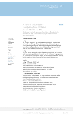 Interkulturelle Kompetenz	 08
                         	                                         und Sprachen




                    A Taste of Middle East – 	                                               neu
                    Geschäftserfolge gestalten
                    und Potenziale nutzen
                    Einführung in aktuelle gesellschaftspolitische Gegebenheiten
                    und interkulturelle Kommunikationsregeln mit arabischen
                    Geschäftspartnern

Zielgruppe:         Kompaktseminar, 2 Tage:
Geschäftsführer,
Inhaber,            1. Tag:
Führungskräfte,     Die arabische Welt besitzt ein enormes Wirtschaftspotenzial, von dem auch
Fachkräfte          deutsche Unternehmen profitieren können, wenn sie die kulturellen, gesell-
Trainer:            schaftlichen und geschäftlichen Gegebenheiten der arabischen Welt verstehen
Nabil Al Amry       lernen. Der erste Tag des Seminars vermittelt diese Grundlagen und schafft
Dauer:
                    damit die Basis für erfolgreiche Geschäfte in Middle East.
2 Tage              2. Tag:
Preis:              Nachdem sich die Teilnehmer mit den generellen Gegebenheiten der arabischen
EUR 690,–           Kultur auseinandergesetzt haben, lernen sie nun die wichtigsten Umgangsweisen
Termin 2013/Ort:    mit arabischen Geschäftspartnern kennen und umzusetzen und erhalten mögliche
ZS-13115-1          Handlungsoptionen für langfristige, erfolgreiche Geschäftsbeziehungen.
16./17. Januar,
Nürnberg              Inhalte:
ZS-13115-2            1. Tag – A Taste of Middle East
14./15. Oktober,
München            -- Was ist die arabische Welt?
                   -- Werte und Normen in arabischen Kulturen
                   -- Bedeutung des Islam in der Gesellschaft und im Geschäftsleben
                   -- Geschlechtsspezifisches Verhalten von Männern und Frauen
                   -- Kommunikation mit Arabern
                      2. Tag – Business in Middle East
                   -- Wirtschaftsraum „Arabische Welt“ – Länderportraits der arabischen Länder
                   -- Arbeitsalltag zwischen Deutschen und Kollegen aus der arabischen Welt
                   -- Geschäftspartnerschaften anbahnen
                   -- Wünsche arabischer Geschäftspartner
                   -- Selbst- und Unternehmenspräsentation im arabischen Raum
                   -- Arabische Geschäftspartner überzeugen und Verhandlungen führen
                   -- Führungsverhalten und Mitarbeiterverständnis
                   -- Konfliktmanagement – Ursachen und Wirkung
                   -- Einladungen bei arabischen Geschäftspartnern




                    Ansprechpartnerin: Elke Wailand, Tel.: 089 44108-430, E-Mail: wailand.elke@bbw.de

                     Preise zzgl. EUR 40,– bis 60,– Tagungspauschale pro Tag                        Seite 113
 