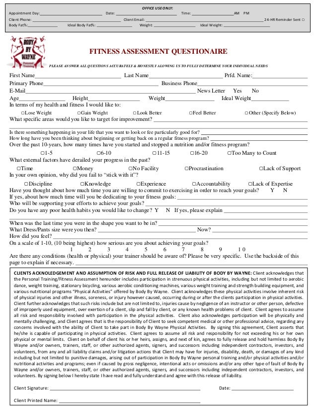 body by wayne complete fitness profile assessment goal nutrition fitness assessment template