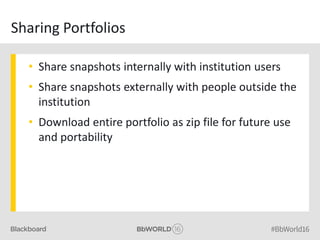 Sharing Portfolios
• Share snapshots internally with institution users
• Share snapshots externally with people outside the
institution
• Download entire portfolio as zip file for future use
and portability
 