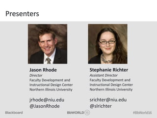 Presenters
Jason Rhode
Director
Faculty Development and
Instructional Design Center
Northern Illinois University
jrhode@niu.edu
@JasonRhode
Stephanie Richter
Assistant Director
Faculty Development and
Instructional Design Center
Northern Illinois University
srichter@niu.edu
@slrichter
 
