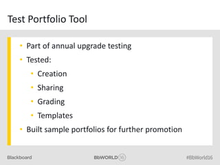Test Portfolio Tool
• Part of annual upgrade testing
• Tested:
• Creation
• Sharing
• Grading
• Templates
• Built sample portfolios for further promotion
 
