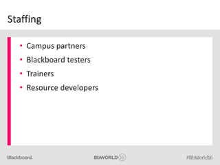 Staffing
• Campus partners
• Blackboard testers
• Trainers
• Resource developers
 