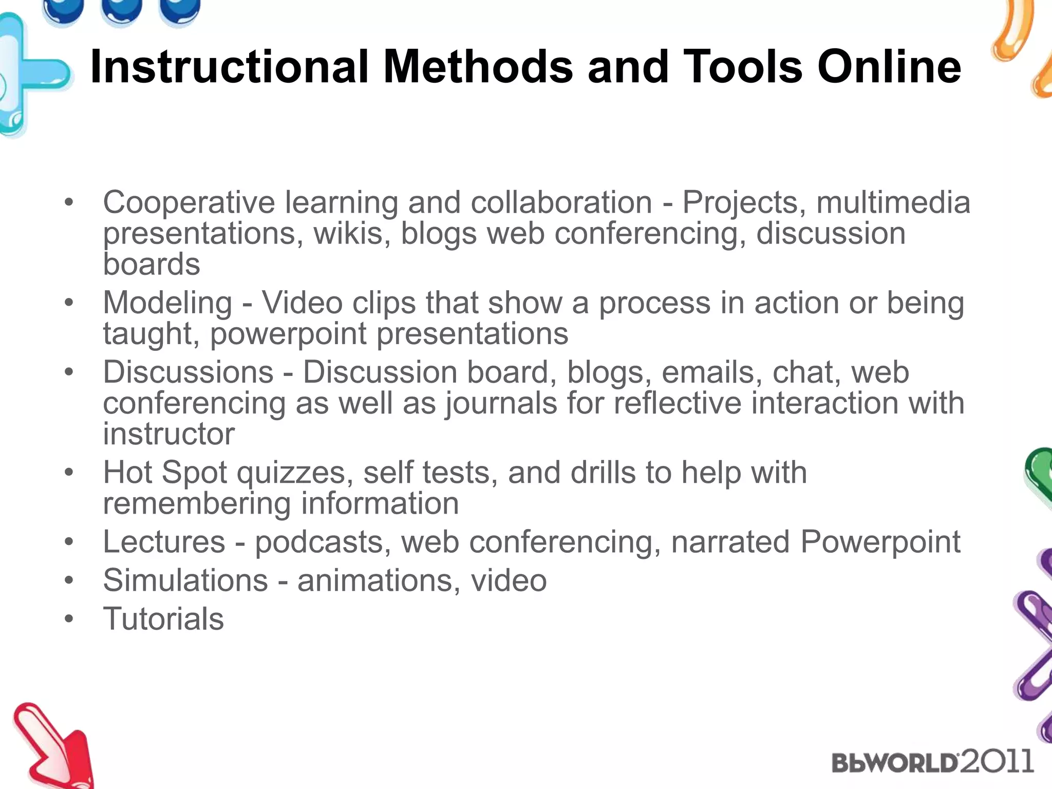 Instructional Methods and Tools OnlineCooperative learning and collaboration - Projects, multimedia presentations, wikis, blogs web conferencing, discussion boardsModeling - Video clips that show a process in action or being taught, powerpoint presentationsDiscussions - Discussion board, blogs, emails, chat, web conferencing as well as journals for reflective interaction with instructorHot Spot quizzes, self tests, and drills to help with remembering informationLectures - podcasts, web conferencing, narrated PowerpointSimulations - animations, videoTutorials