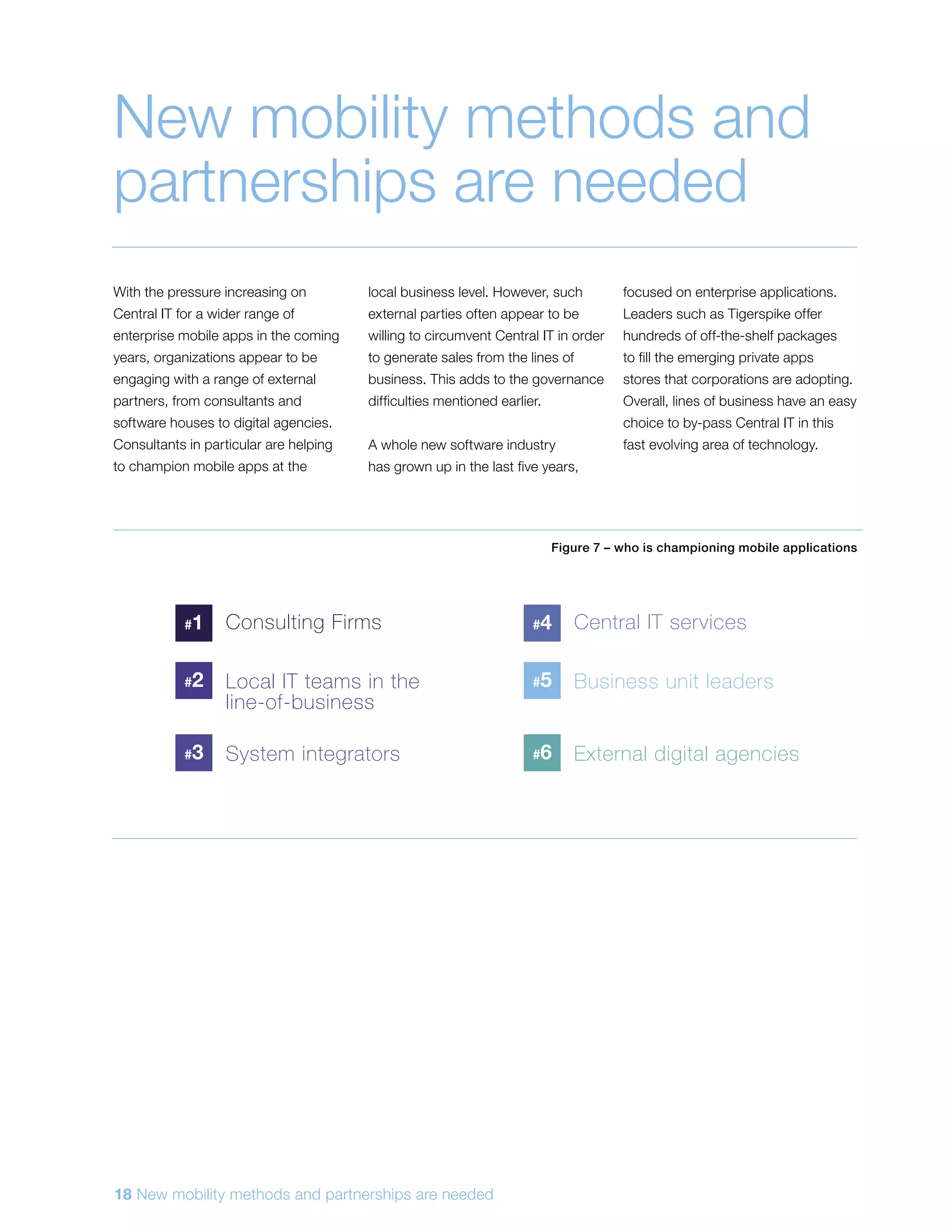 With the pressure increasing on
Central IT for a wider range of
enterprise mobile apps in the coming
years, organizations appear to be
engaging with a range of external
partners, from consultants and
software houses to digital agencies.
Consultants in particular are helping
to champion mobile apps at the
local business level. However, such
external parties often appear to be
willing to circumvent Central IT in order
to generate sales from the lines of
business. This adds to the governance
difficulties mentioned earlier.
A whole new software industry
has grown up in the last five years,
focused on enterprise applications.
Leaders such as Tigerspike offer
hundreds of off-the-shelf packages
to fill the emerging private apps
stores that corporations are adopting.
Overall, lines of business have an easy
choice to by-pass Central IT in this
fast evolving area of technology.
New mobility methods and
partnerships are needed
Figure 7 – who is championing mobile applications
Consulting Firms
Local IT teams in the
line-of-business
#1
#2
System integrators#3
Central IT services
Business unit leaders
#4
#5
External digital agencies#6
18 New mobility methods and partnerships are needed
 