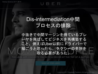 Dis-intermediation中間
プロセスの排除
中抜きで中間マージンを得ているプレ
ーヤを飛ばしてビジネスを再構築する
こと、例えばUber以前にドライバーで
稼ごうと思ったら、タクシーの免許を
取る必要があった。
Copyright 2017 Masayuki Tadokoro All rights reserved
Startup Science 2017 (前半）
 