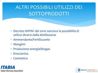 Decreto MIPAF del 2010 sancisce la possibilità di
utilizzi diversi dalla distillazione
 Ammendante/Fertilizzante
 Mangimi
 Produzione energia/biogas
 Enocianina
 Cosmetica
ALTRI POSSIBILI UTILIZZI DEI
SOTTOPRODOTTI
 